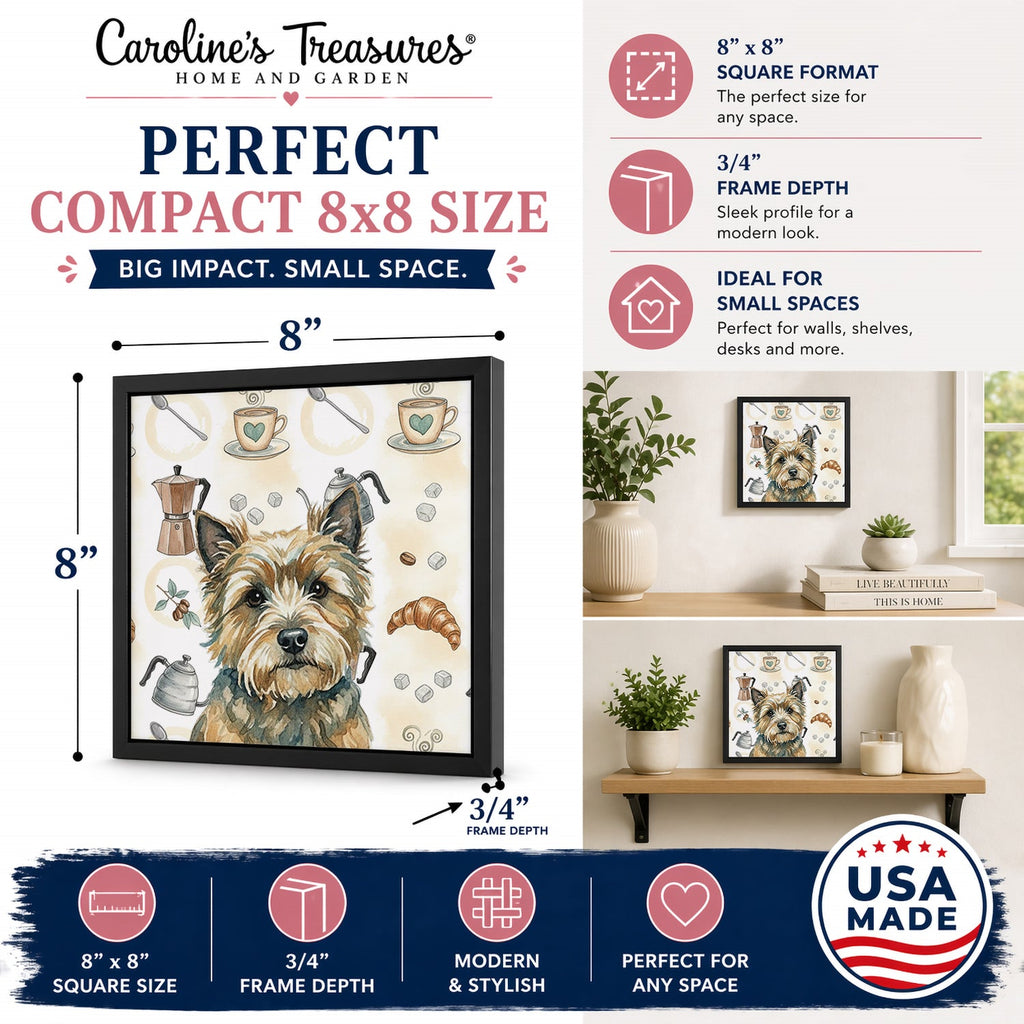 Cairn Terrier Coffee Bar Framed Metal Print Bathroom, Kitchen, Office, Home Decor Wall Art Ready to Hang, Square, 8X8