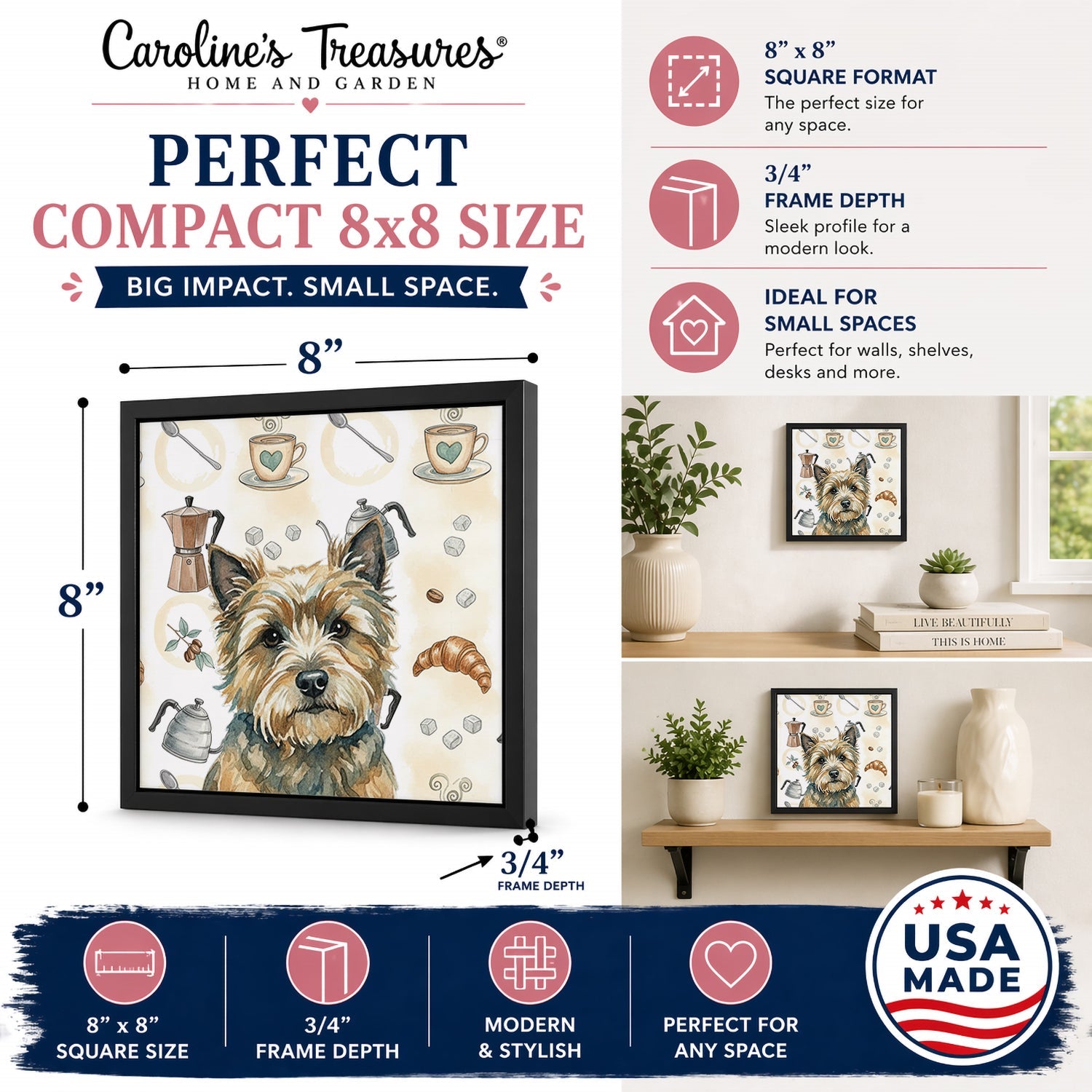 Cairn Terrier Coffee Bar Framed Metal Print Bathroom, Kitchen, Office, Home Decor Wall Art Ready to Hang, Square, 8X8