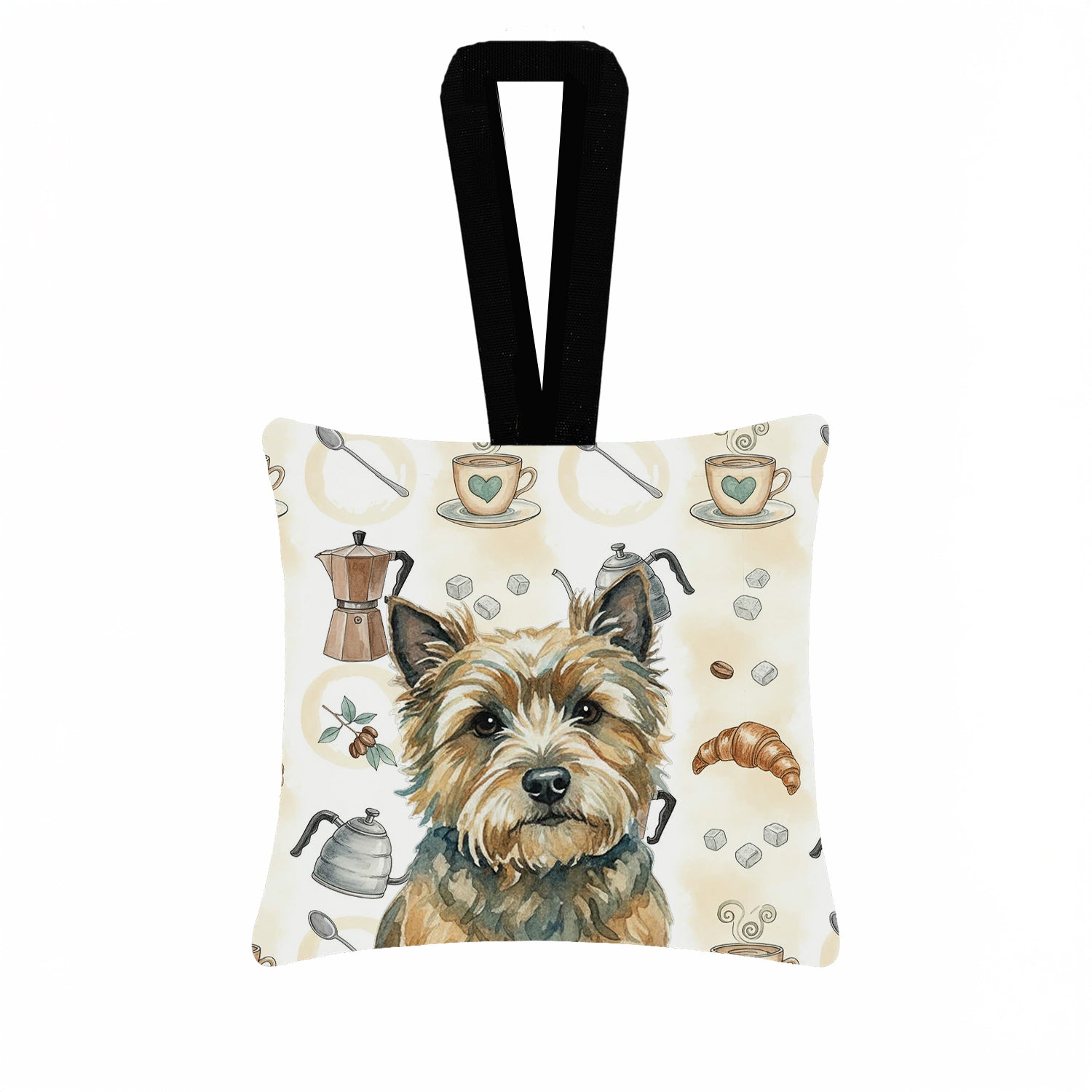 Cairn Terrier Coffee Bar Hanging Square Fabric Ornament 3.5 � 3.5 Decorative Door-Knob & Tree Hanger, Soft Fabric