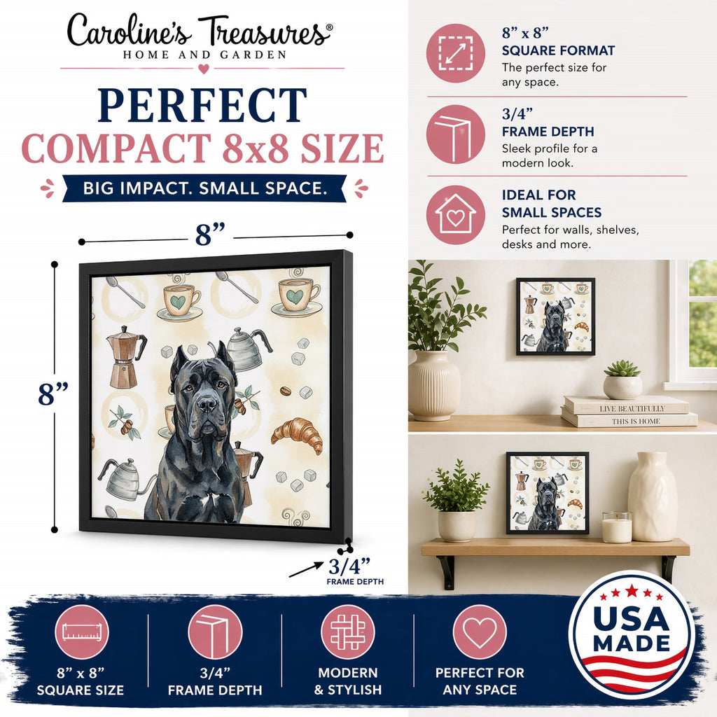 Cane Corso Coffee Bar Framed Metal Print Bathroom, Kitchen, Office, Home Decor Wall Art Ready to Hang, Square, 8X8