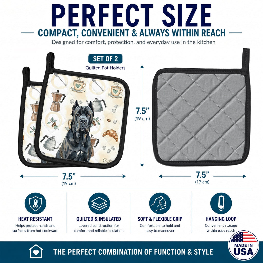 Cane Corso Coffee Bar Pot Holder Set of 2 Heat Resistant Quilted Hot Pads 7.5 x 7.5 Inch, Insulated Kitchen Trivets for Cooking & Baking
