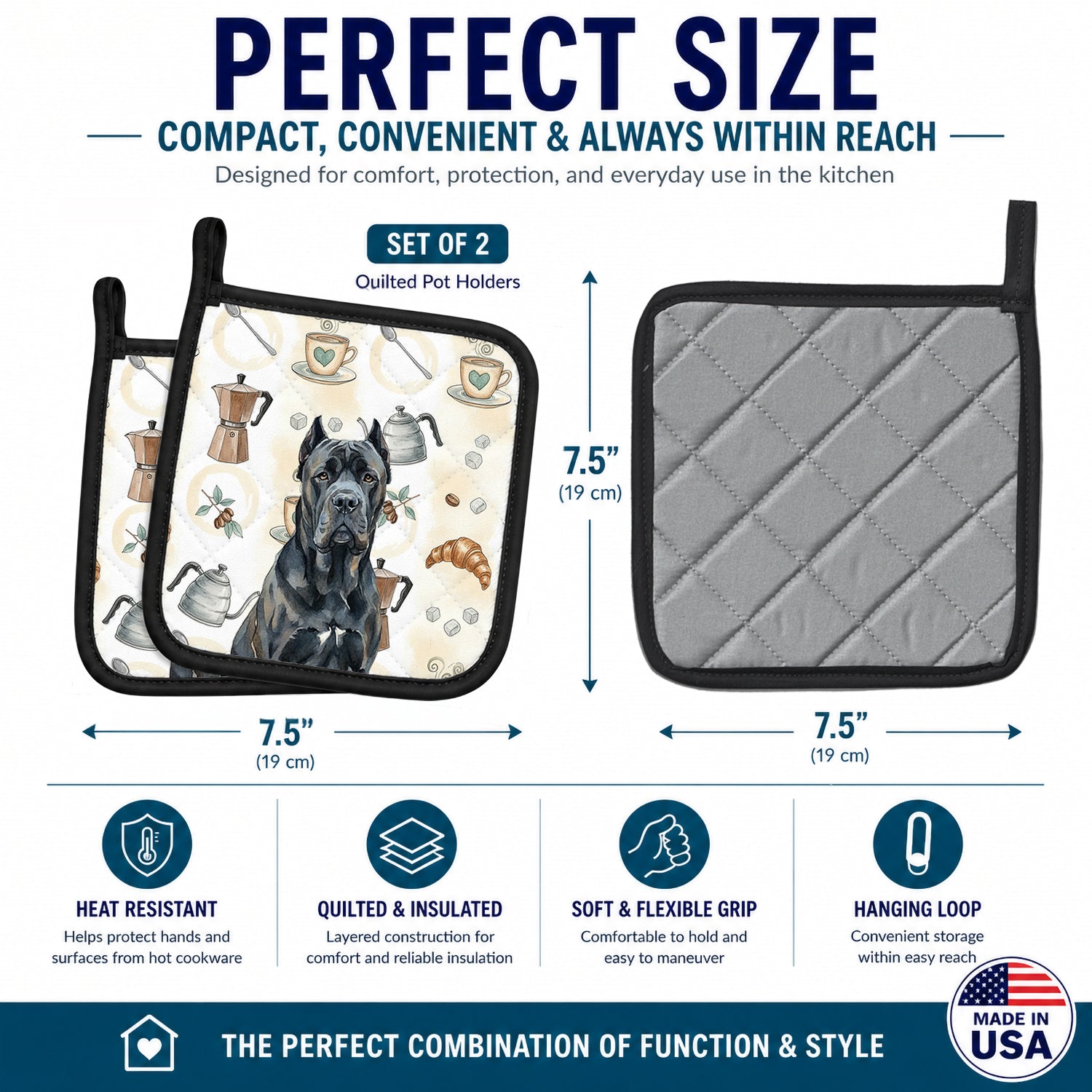 Cane Corso Coffee Bar Pot Holder Set of 2 Heat Resistant Quilted Hot Pads 7.5 x 7.5 Inch, Insulated Kitchen Trivets for Cooking & Baking