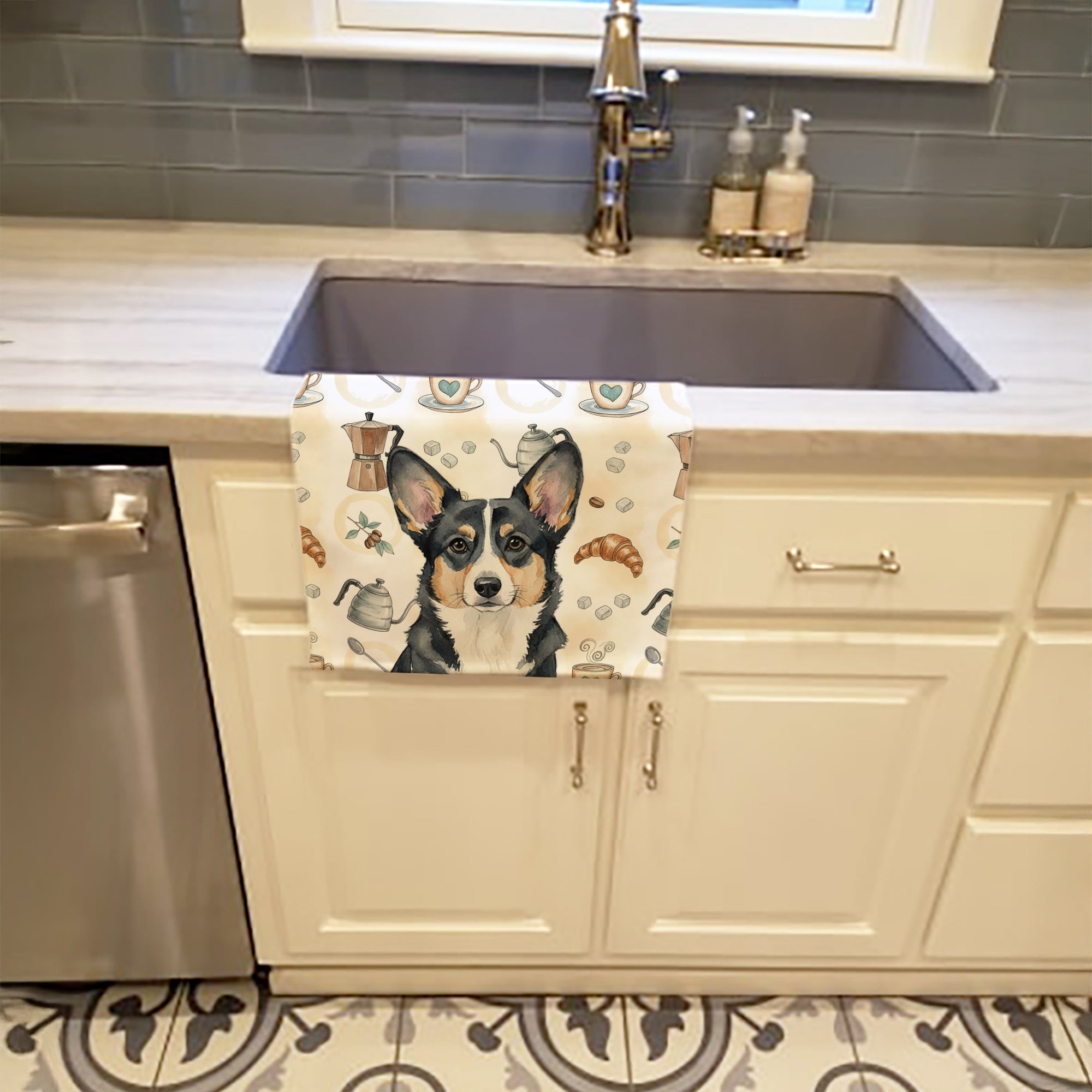 Black and White Cardigan Welsh Corgi Coffee Bar Kitchen Towel Velour Plush Front and Cotton Loop Back Machine Washable