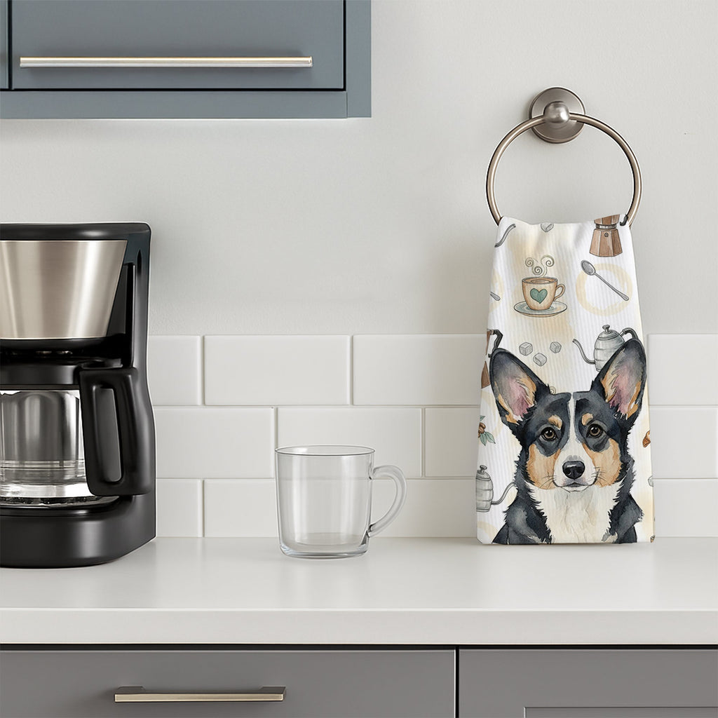 Black and White Cardigan Welsh Corgi Coffee Bar Kitchen Towel Velour Plush Front and Cotton Loop Back Machine Washable