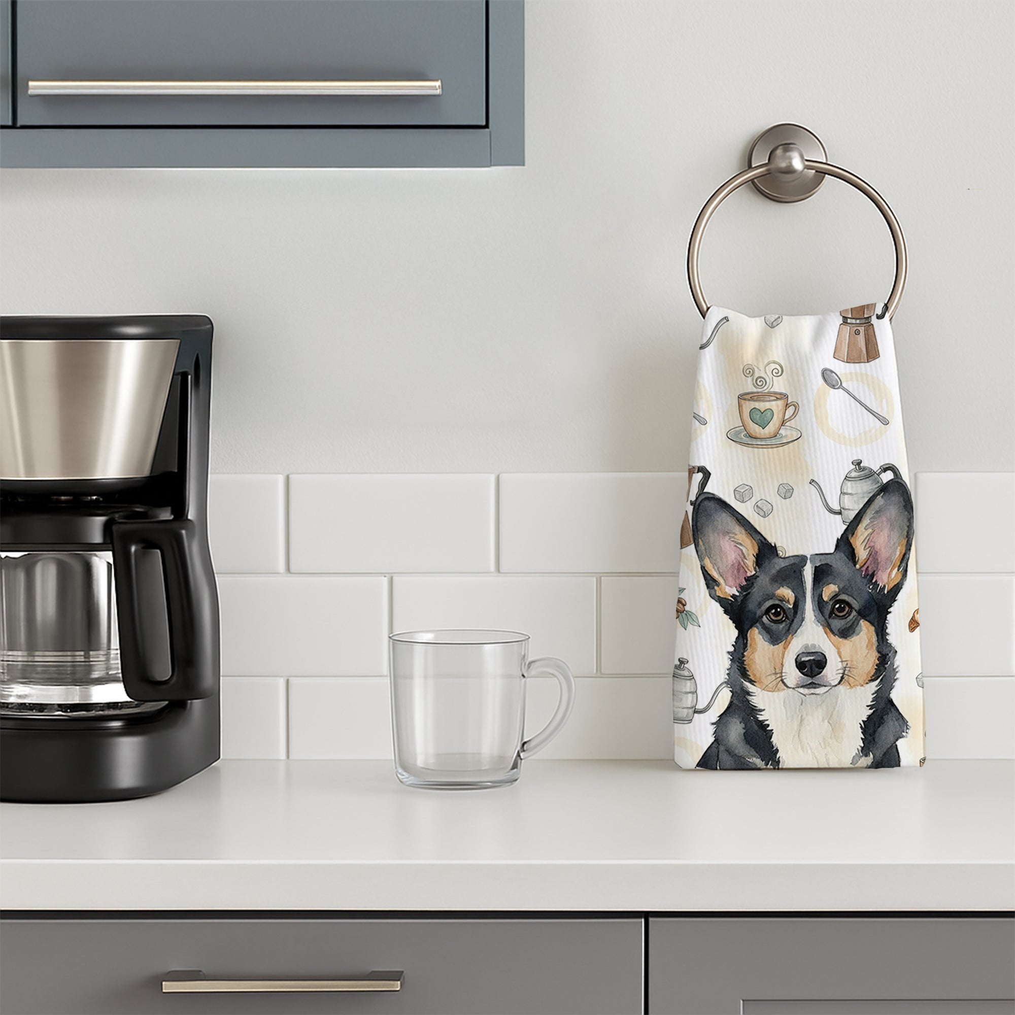 Black and White Cardigan Welsh Corgi Coffee Bar Kitchen Towel Velour Plush Front and Cotton Loop Back Machine Washable