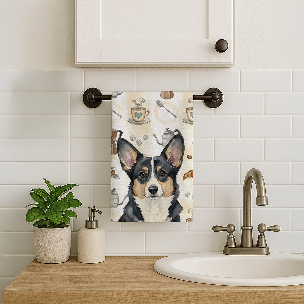 Black and White Cardigan Welsh Corgi Coffee Bar Kitchen Towel Velour Plush Front and Cotton Loop Back Machine Washable