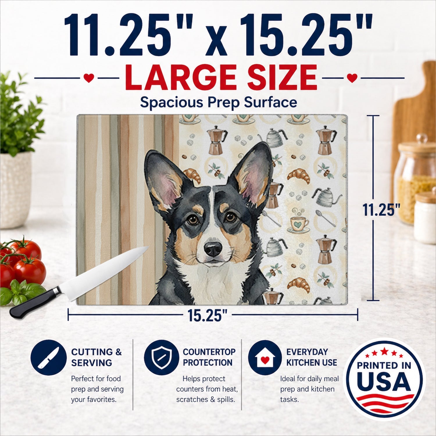 Black and White Cardigan Welsh Corgi Coffee Bar Cutting Board Tempered Glass Kitchen Cutting Surface, Heat Resistant Chopping, Non-Slip Feet, Food Prep & Serving