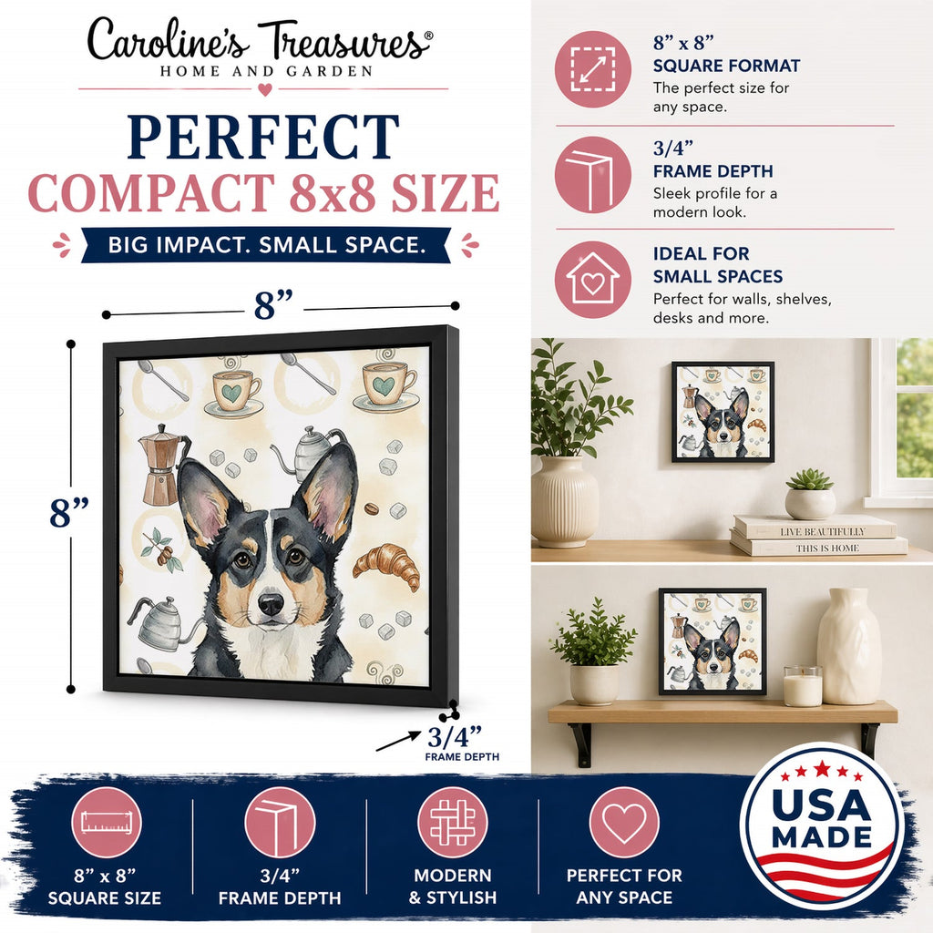 Black and White Cardigan Welsh Corgi Coffee Bar Framed Metal Print Bathroom, Kitchen, Office, Home Decor Wall Art Ready to Hang, Square, 8X8