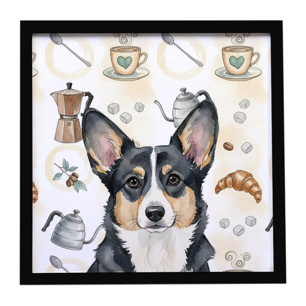 Black and White Cardigan Welsh Corgi Coffee Bar Framed Metal Print Bathroom, Kitchen, Office, Home Decor Wall Art Ready to Hang, Square, 8X8
