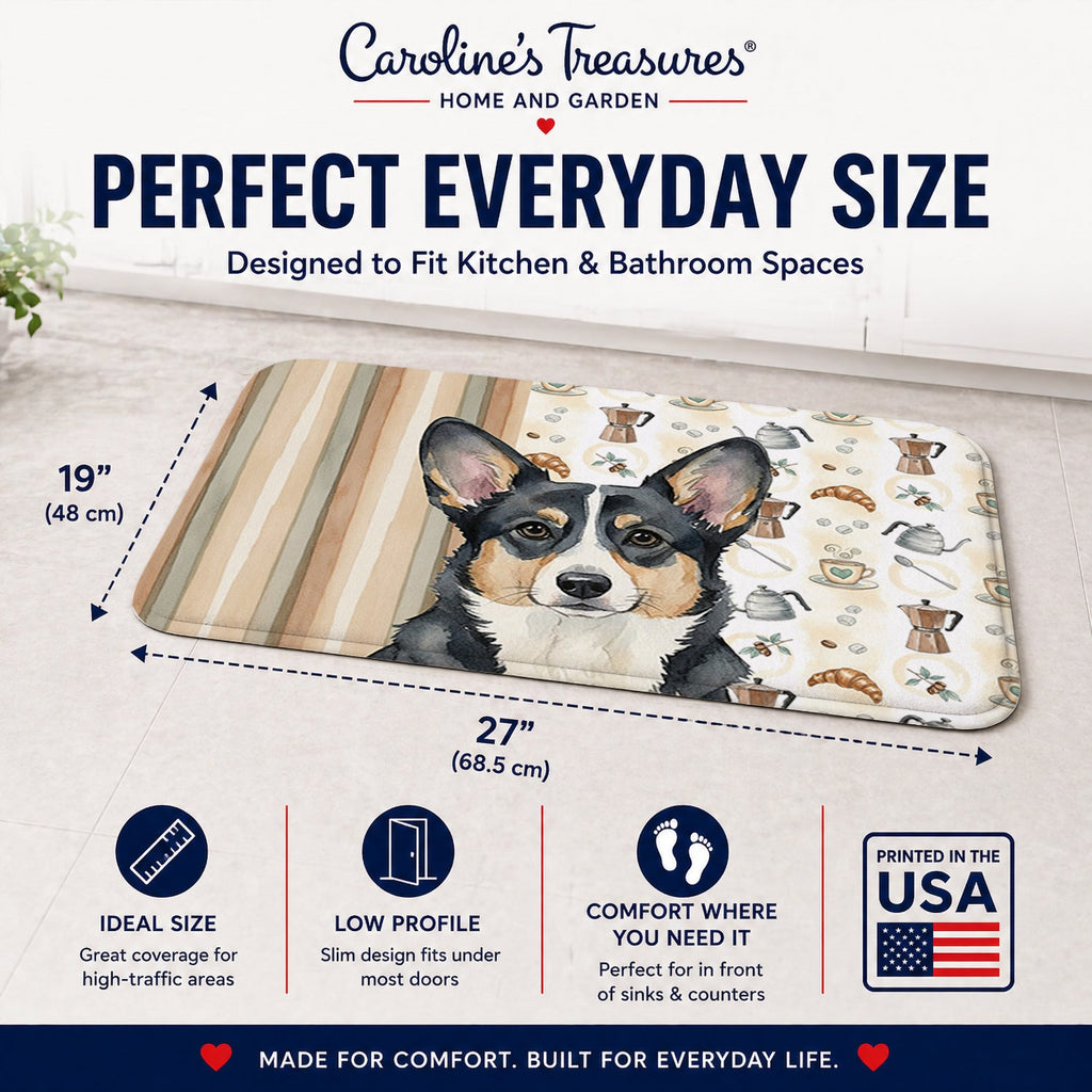 Black and White Cardigan Welsh Corgi Coffee Bar Memory Foam Kitchen Mat Machine Washable Anti-Fatigue Cushion Comfort Bath or Kitchen Rug