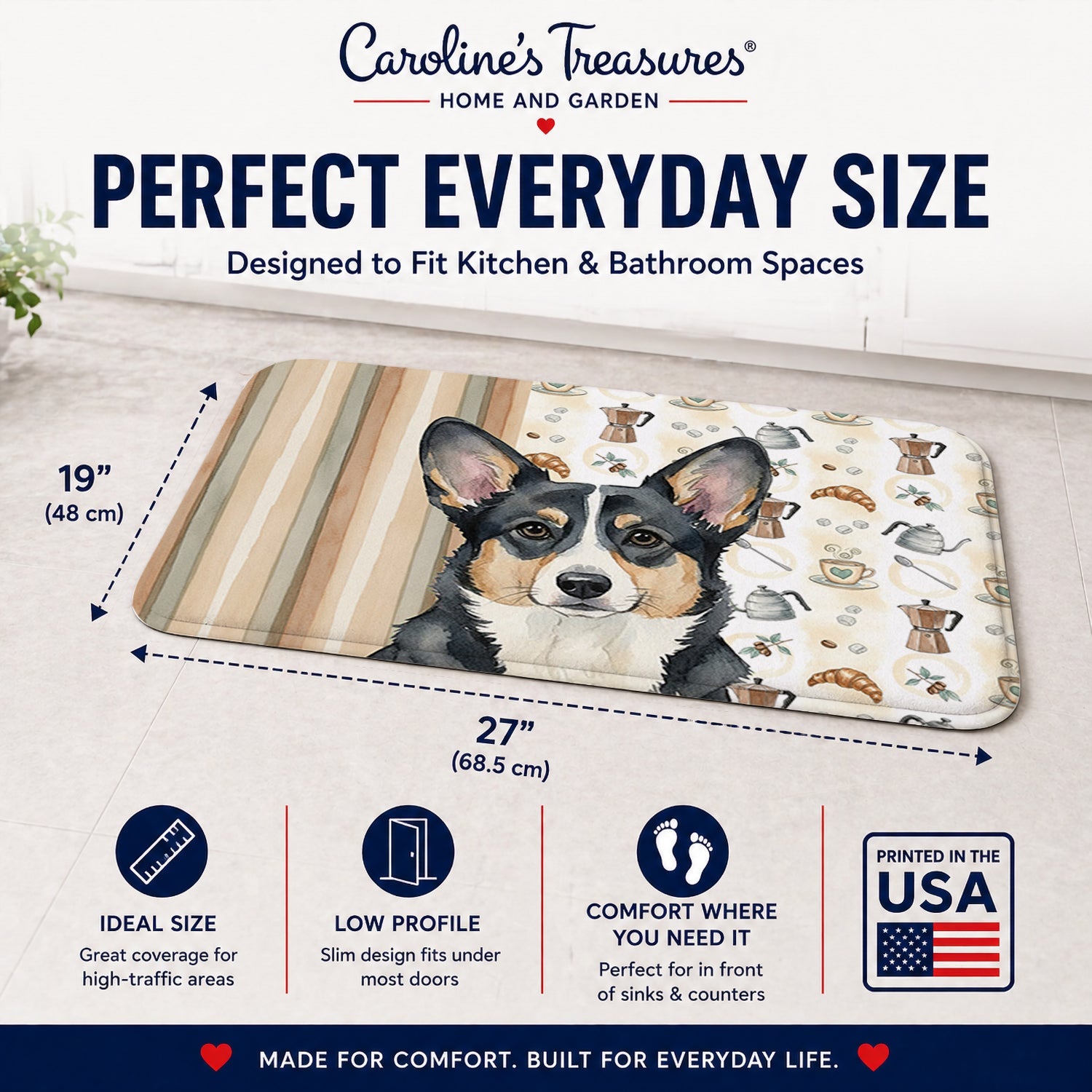 Black and White Cardigan Welsh Corgi Coffee Bar Memory Foam Kitchen Mat Machine Washable Anti-Fatigue Cushion Comfort Bath or Kitchen Rug