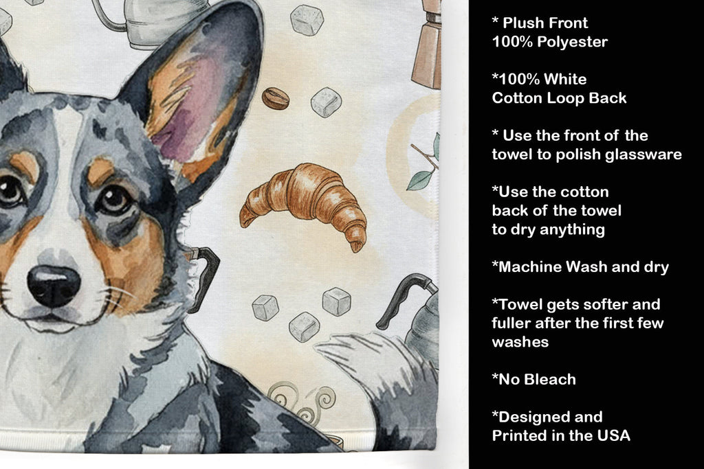 Blue Merle Cardigan Welsh Corgi Coffee Bar Kitchen Towel Velour Plush Front and Cotton Loop Back Machine Washable
