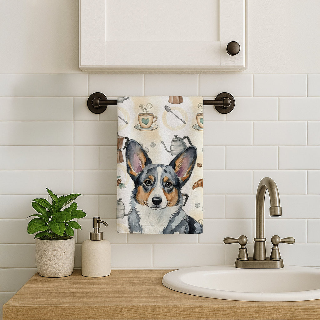 Blue Merle Cardigan Welsh Corgi Coffee Bar Kitchen Towel Velour Plush Front and Cotton Loop Back Machine Washable