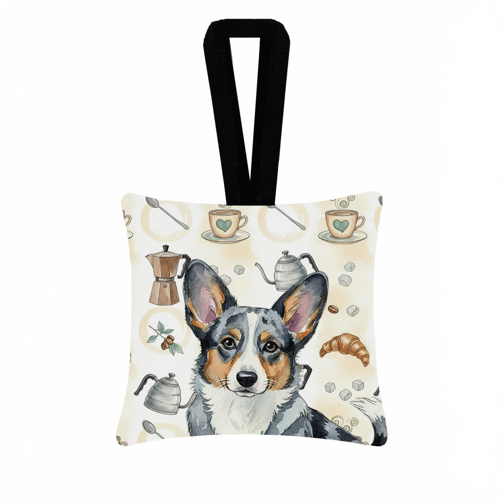 Blue Merle Cardigan Welsh Corgi Coffee Bar Hanging Square Fabric Ornament 3.5 � 3.5 Decorative Door-Knob & Tree Hanger, Soft Fabric