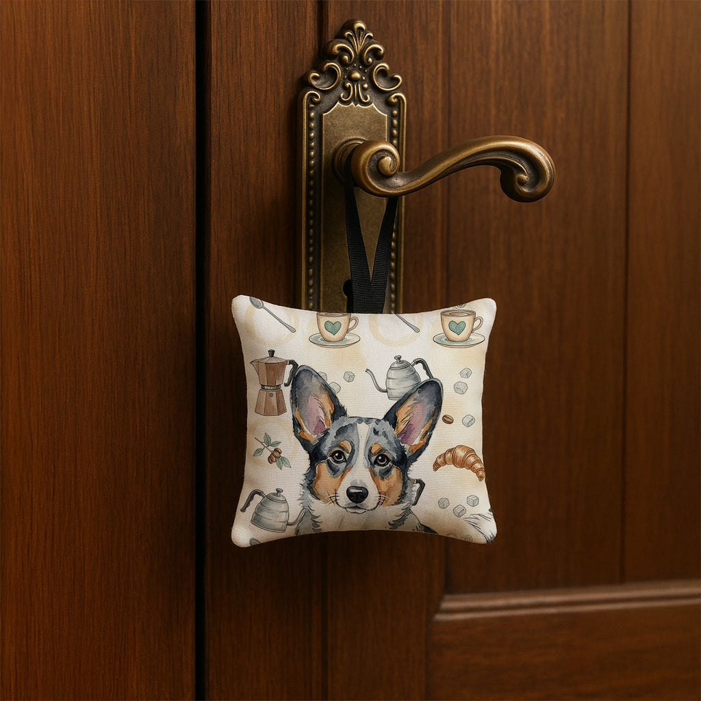 Blue Merle Cardigan Welsh Corgi Coffee Bar Hanging Square Fabric Ornament 3.5 � 3.5 Decorative Door-Knob & Tree Hanger, Soft Fabric