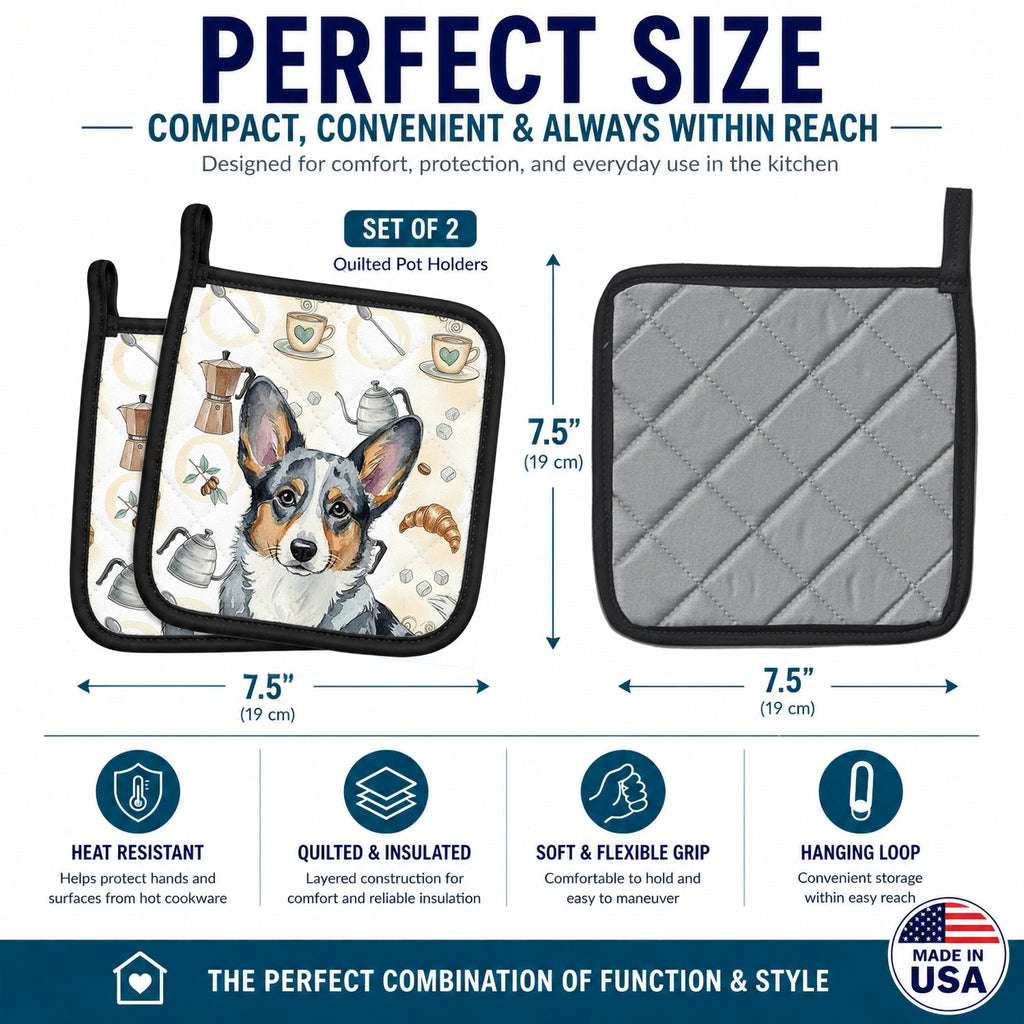 Blue Merle Cardigan Welsh Corgi Coffee Bar Pot Holder Set of 2 Heat Resistant Quilted Hot Pads 7.5 x 7.5 Inch, Insulated Kitchen Trivets for Cooking & Baking