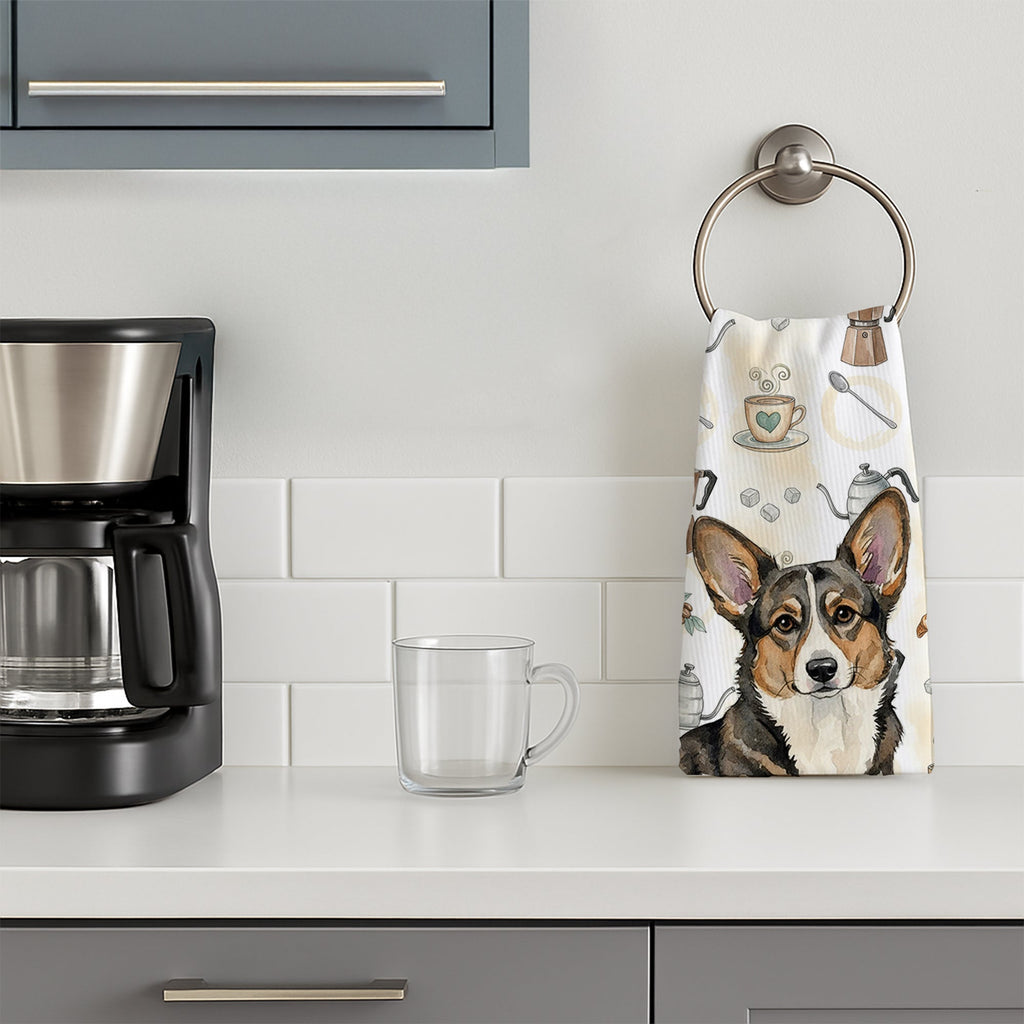 Brindle Cardigan Welsh Corgi Coffee Bar Kitchen Towel Velour Plush Front and Cotton Loop Back Machine Washable