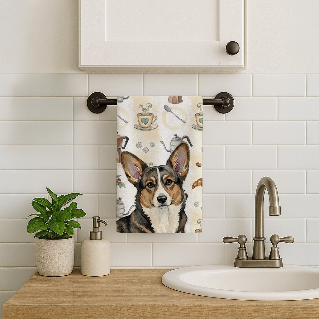 Brindle Cardigan Welsh Corgi Coffee Bar Kitchen Towel Velour Plush Front and Cotton Loop Back Machine Washable