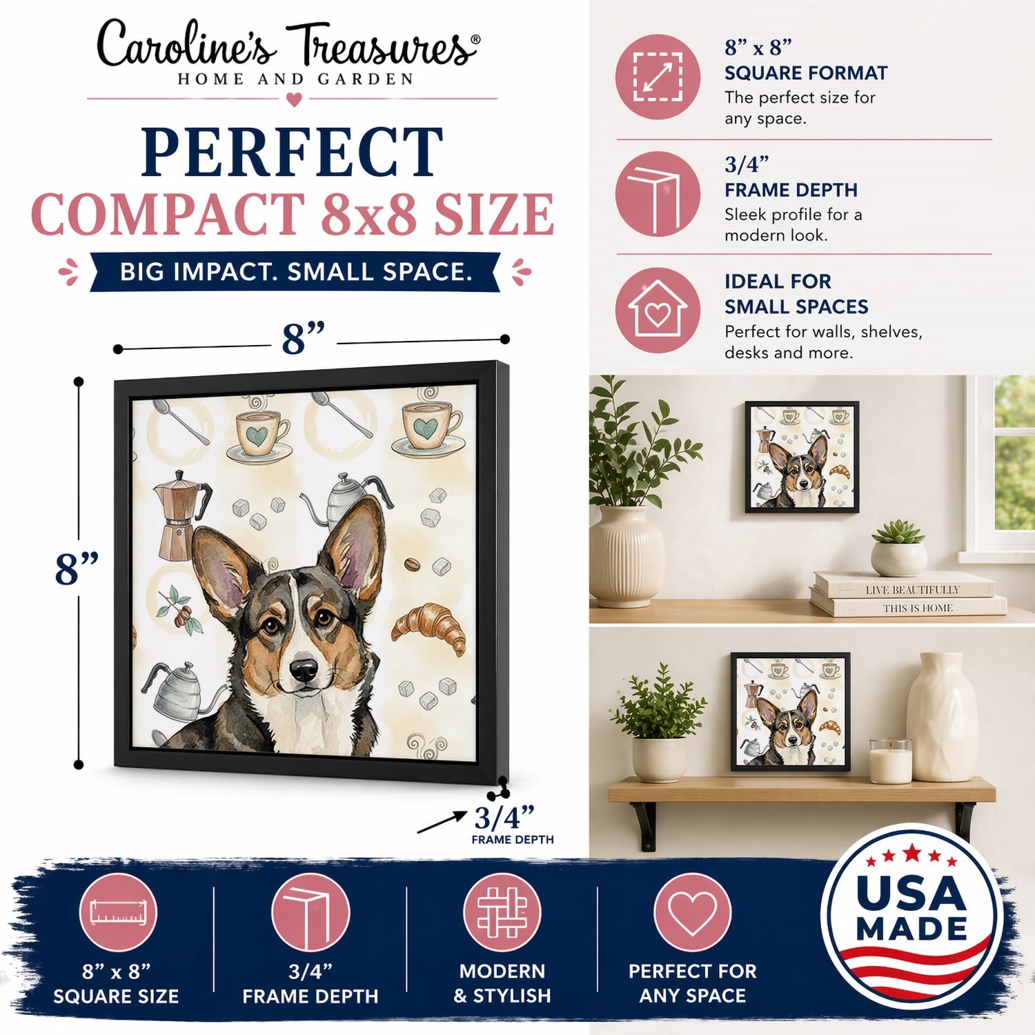 Brindle Cardigan Welsh Corgi Coffee Bar Framed Metal Print Bathroom, Kitchen, Office, Home Decor Wall Art Ready to Hang, Square, 8X8