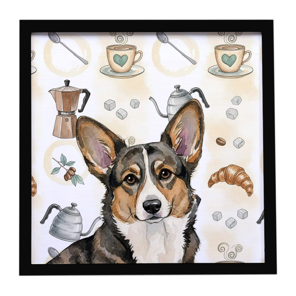 Brindle Cardigan Welsh Corgi Coffee Bar Framed Metal Print Bathroom, Kitchen, Office, Home Decor Wall Art Ready to Hang, Square, 8X8