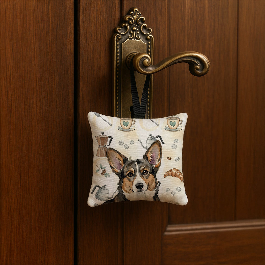 Brindle Cardigan Welsh Corgi Coffee Bar Hanging Square Fabric Ornament 3.5 � 3.5 Decorative Door-Knob & Tree Hanger, Soft Fabric