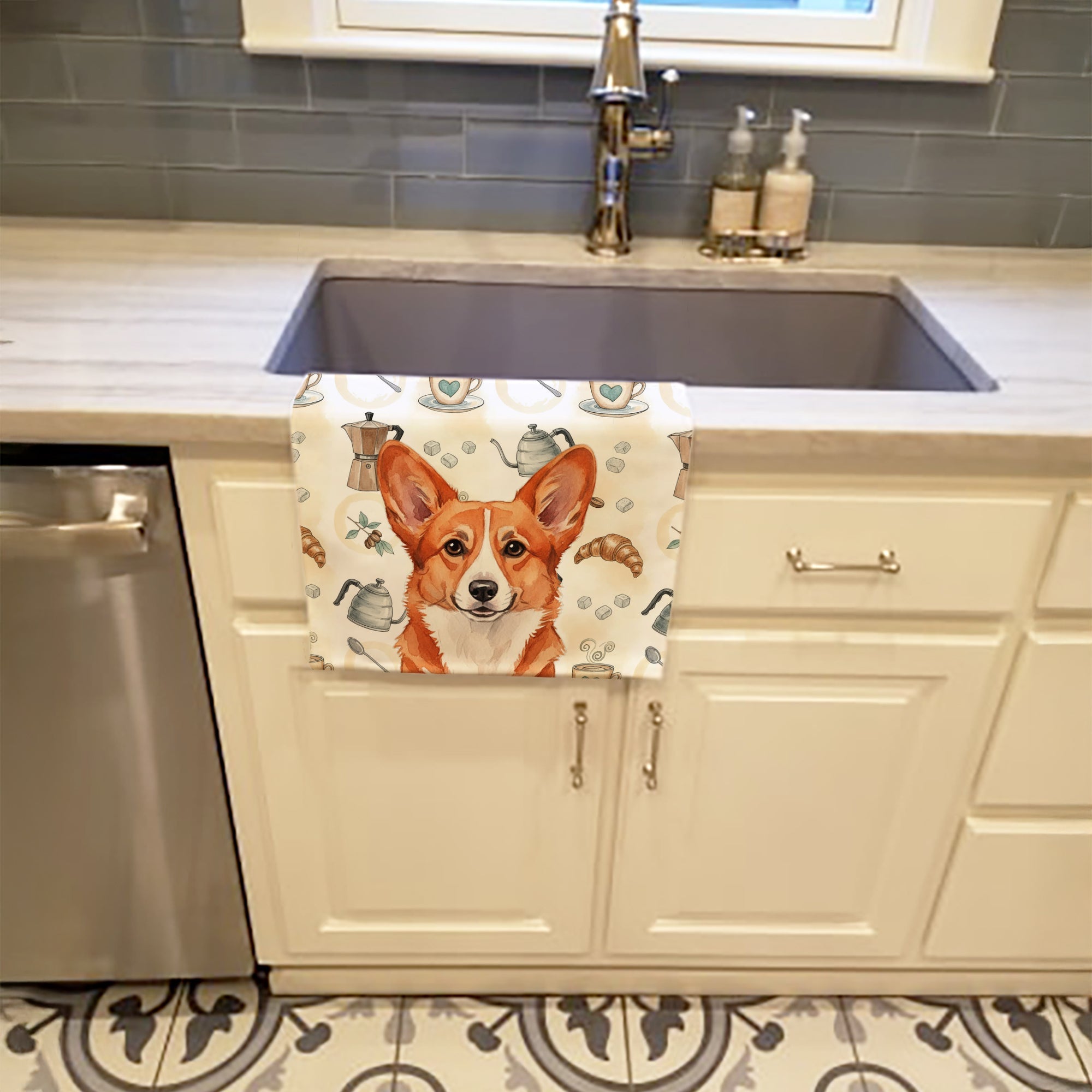 Red Cardigan Welsh Corgi Coffee Bar Kitchen Towel Velour Plush Front and Cotton Loop Back Machine Washable
