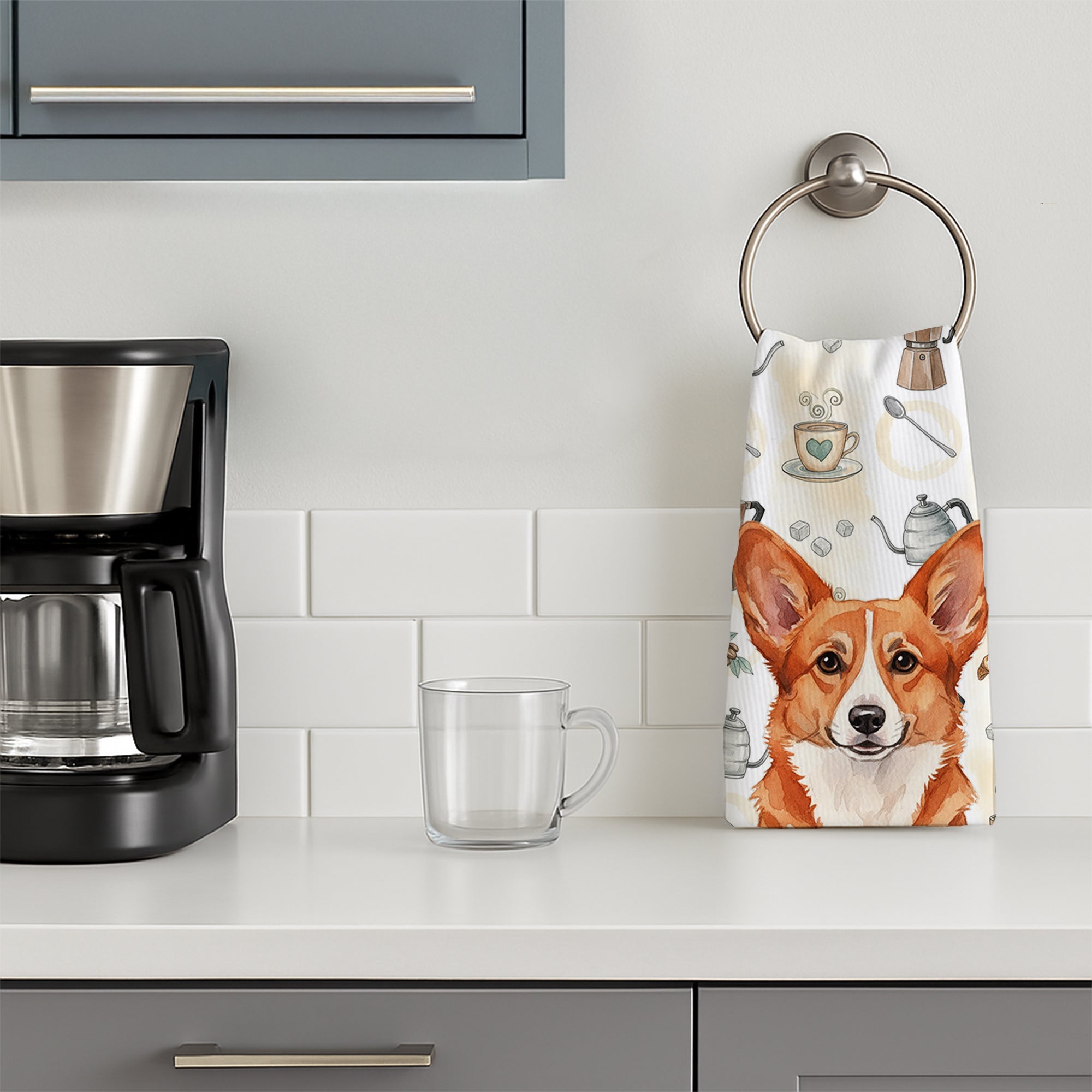 Red Cardigan Welsh Corgi Coffee Bar Kitchen Towel Velour Plush Front and Cotton Loop Back Machine Washable