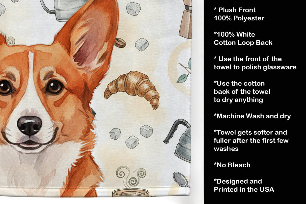 Red Cardigan Welsh Corgi Coffee Bar Kitchen Towel Velour Plush Front and Cotton Loop Back Machine Washable