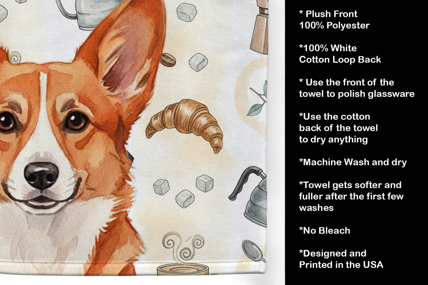 Red Cardigan Welsh Corgi Coffee Bar Kitchen Towel Velour Plush Front and Cotton Loop Back Machine Washable