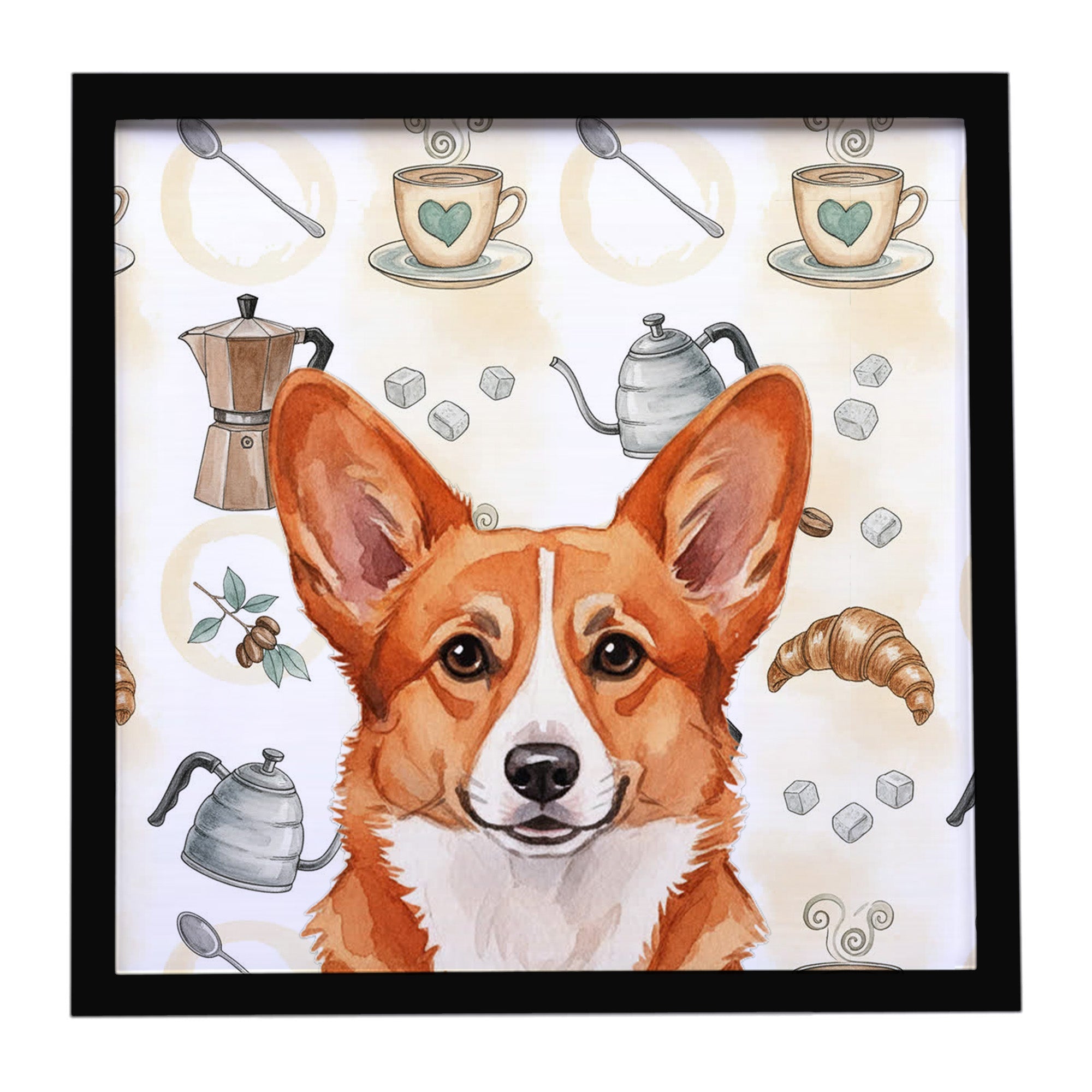 Red Cardigan Welsh Corgi Coffee Bar Framed Metal Print Bathroom, Kitchen, Office, Home Decor Wall Art Ready to Hang, Square, 8X8