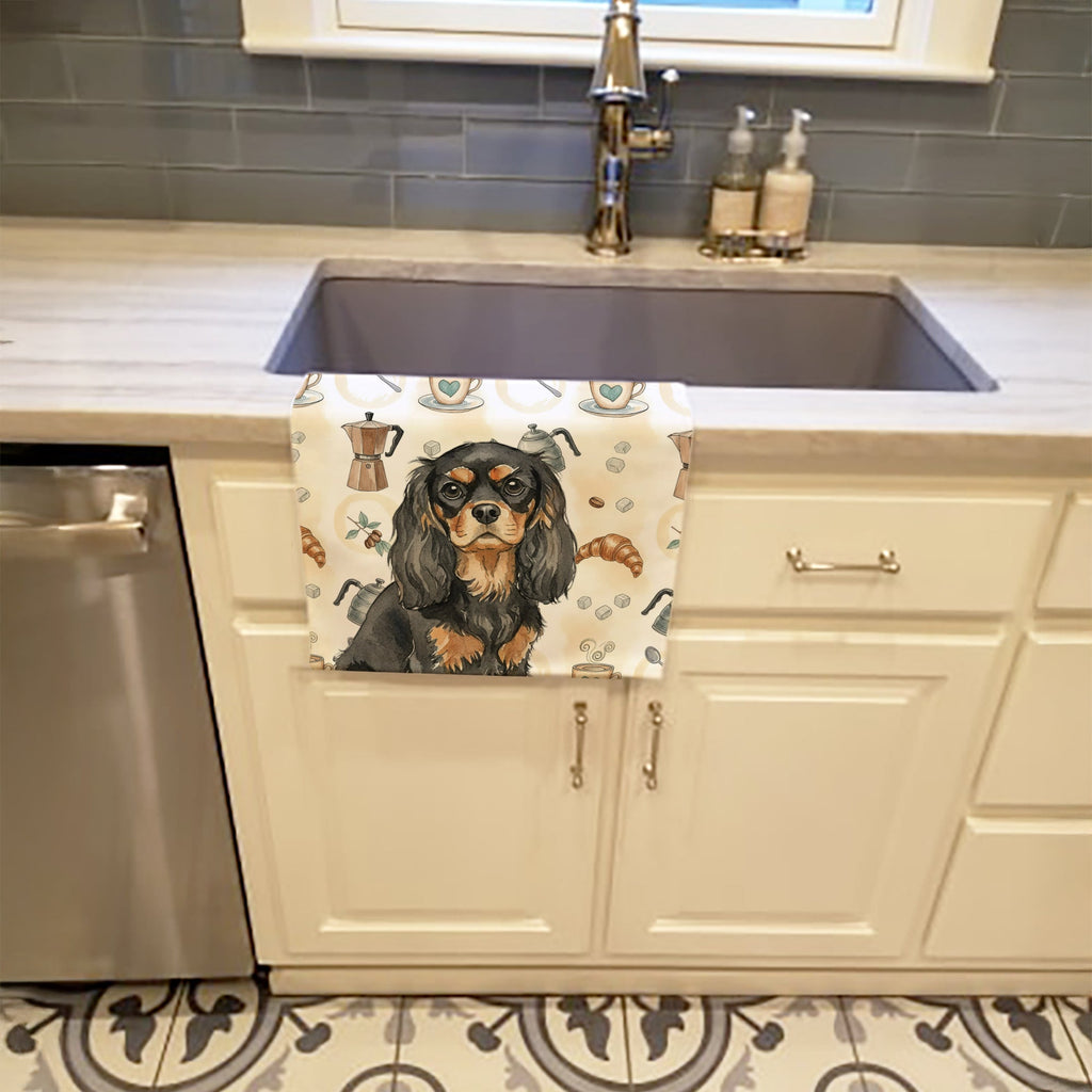 Black and Tan Cavalier Spaniel Coffee Bar Kitchen Towel Velour Plush Front and Cotton Loop Back Machine Washable