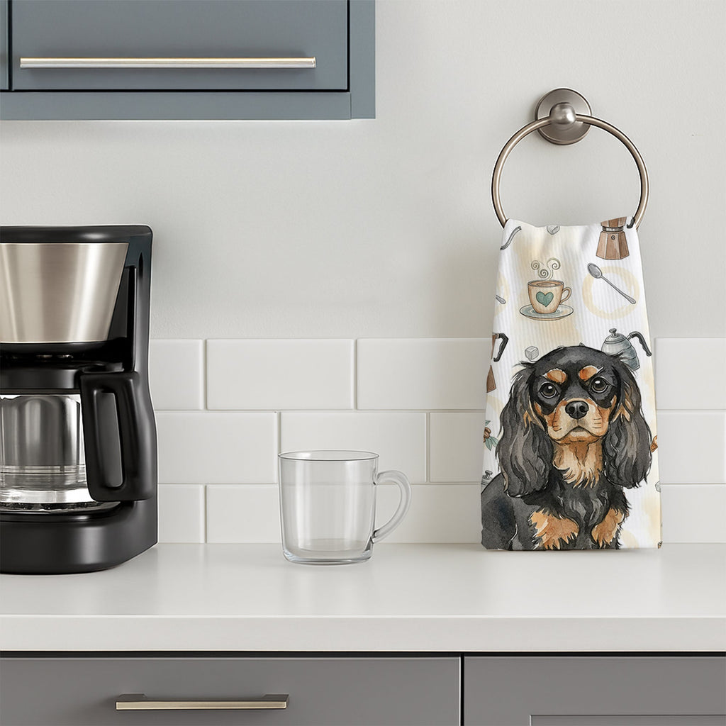 Black and Tan Cavalier Spaniel Coffee Bar Kitchen Towel Velour Plush Front and Cotton Loop Back Machine Washable