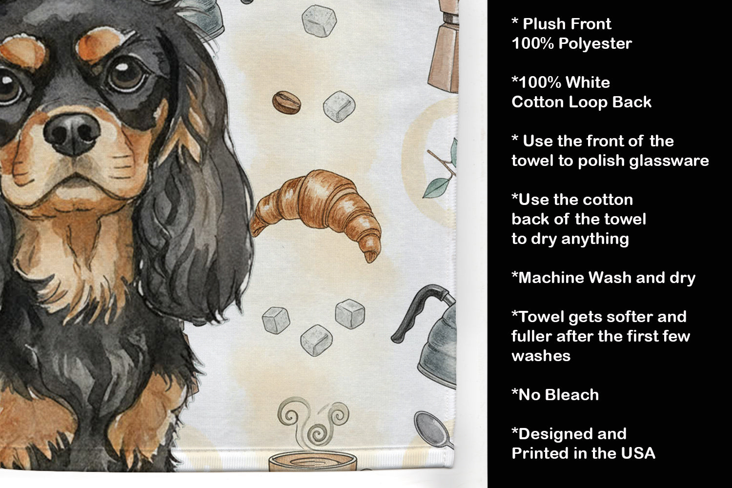 Black and Tan Cavalier Spaniel Coffee Bar Kitchen Towel Velour Plush Front and Cotton Loop Back Machine Washable