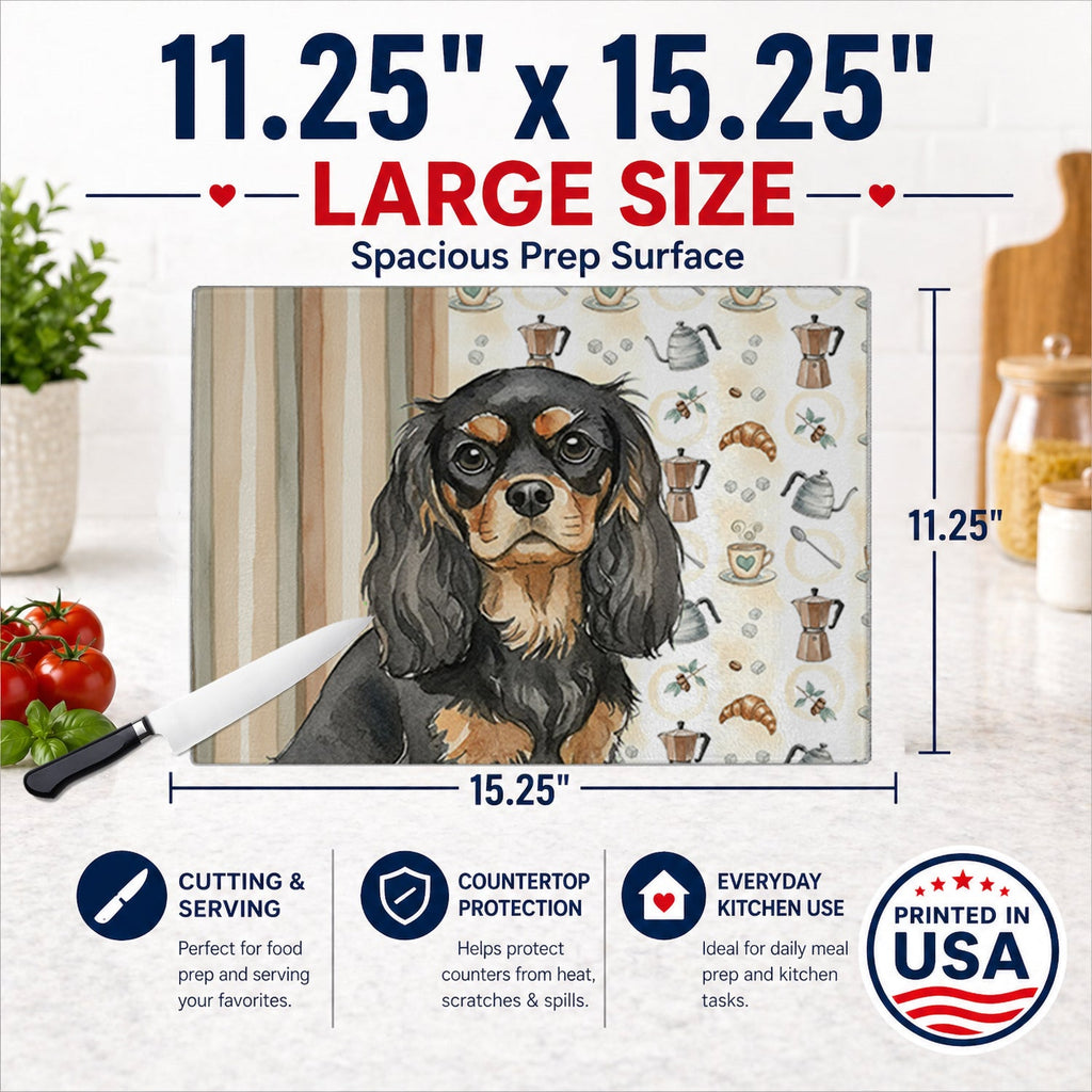 Black and Tan Cavalier Spaniel Coffee Bar Cutting Board Tempered Glass Kitchen Cutting Surface, Heat Resistant Chopping, Non-Slip Feet, Food Prep & Serving