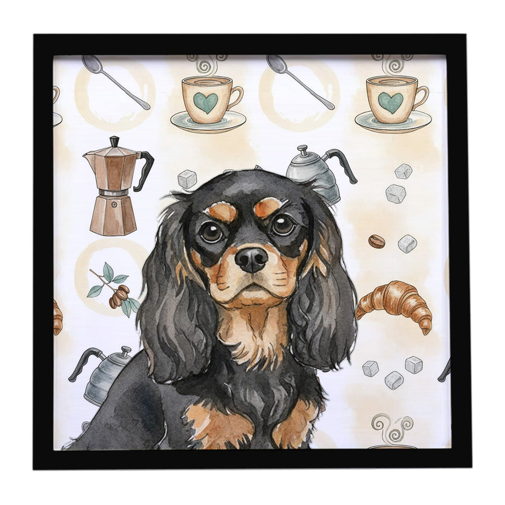Black and Tan Cavalier Spaniel Coffee Bar Framed Metal Print Bathroom, Kitchen, Office, Home Decor Wall Art Ready to Hang, Square, 8X8