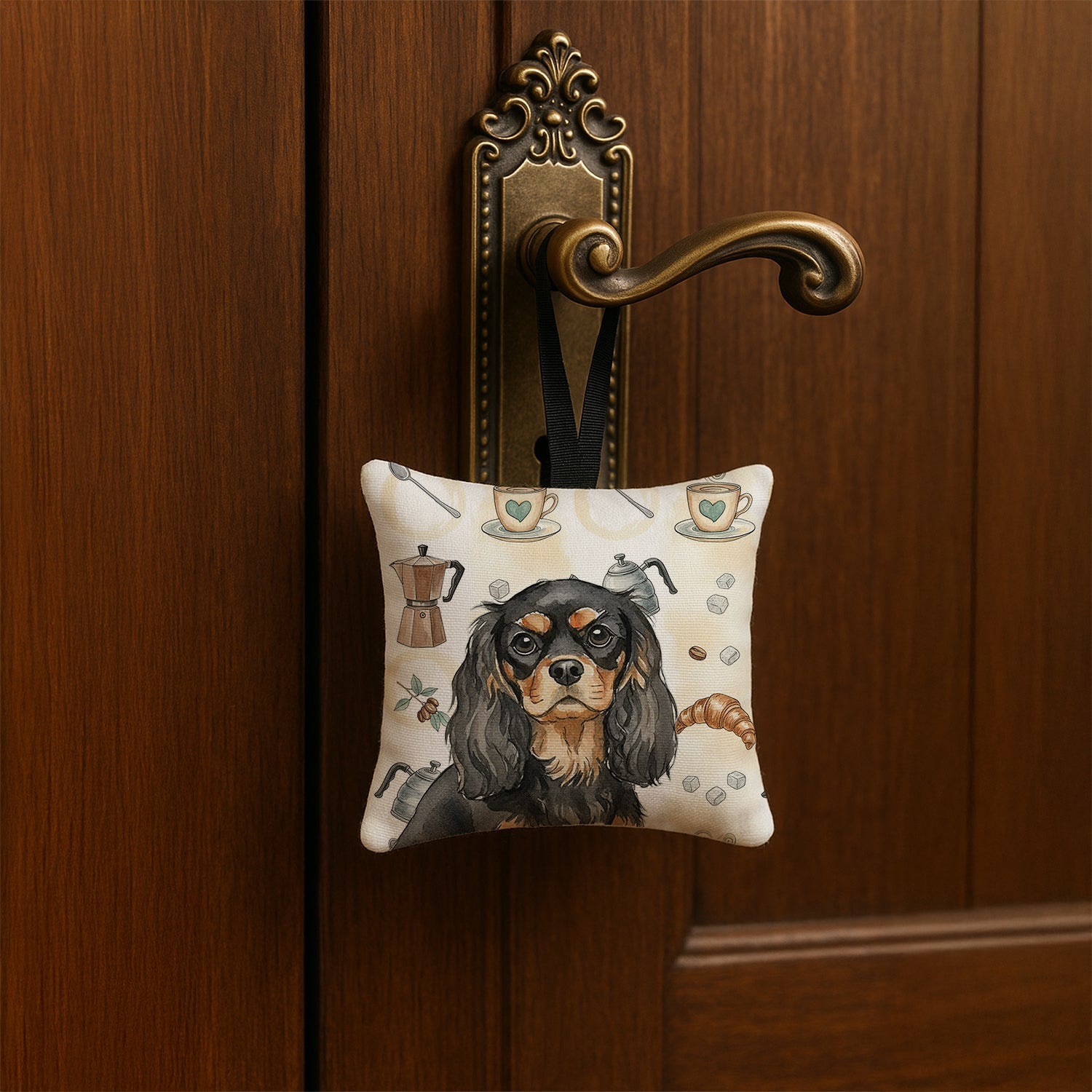 Black and Tan Cavalier Spaniel Coffee Bar Hanging Square Fabric Ornament 3.5 � 3.5 Decorative Door-Knob & Tree Hanger, Soft Fabric