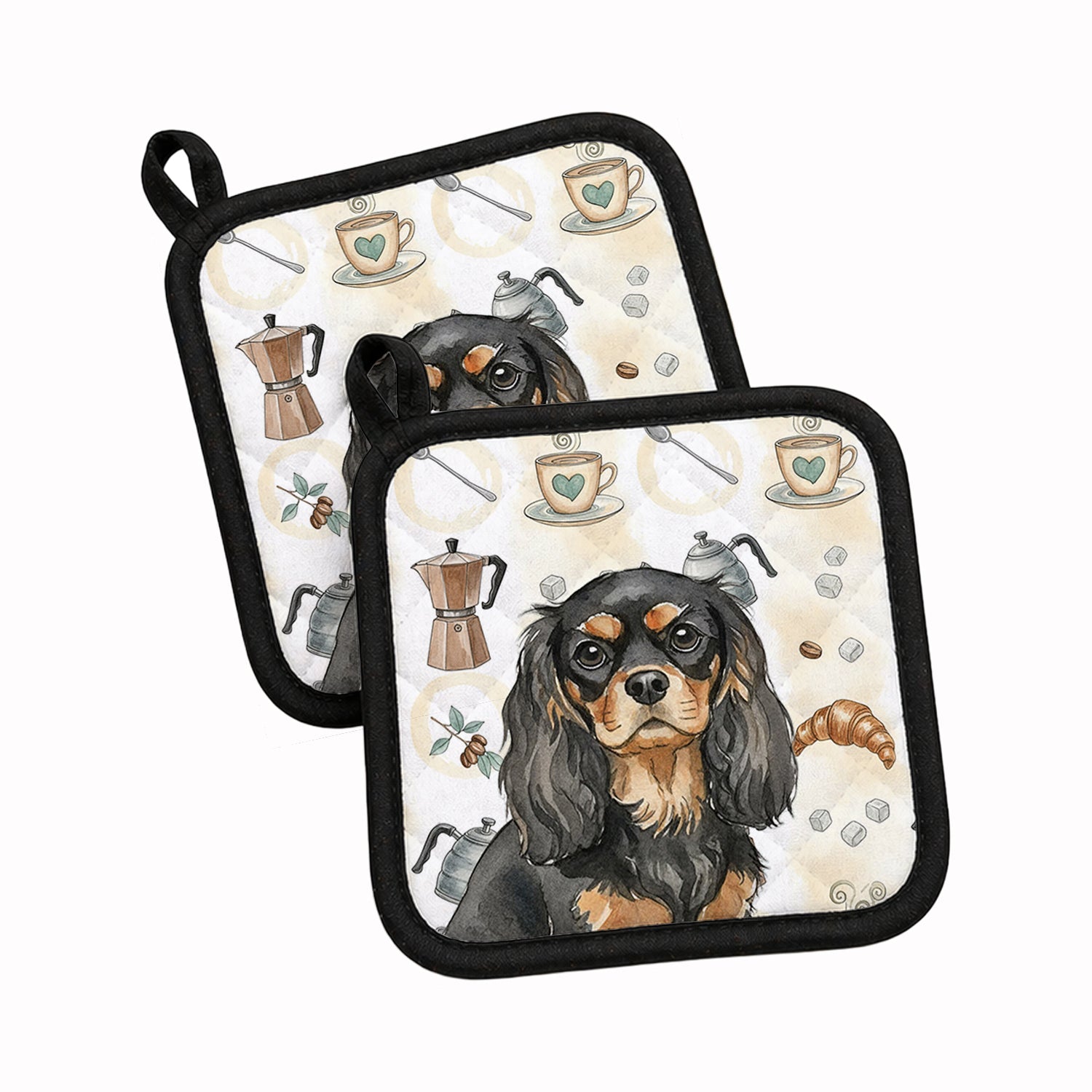 Black and Tan Cavalier Spaniel Coffee Bar Pot Holder Set of 2 Heat Resistant Quilted Hot Pads 7.5 x 7.5 Inch, Insulated Kitchen Trivets for Cooking & Baking