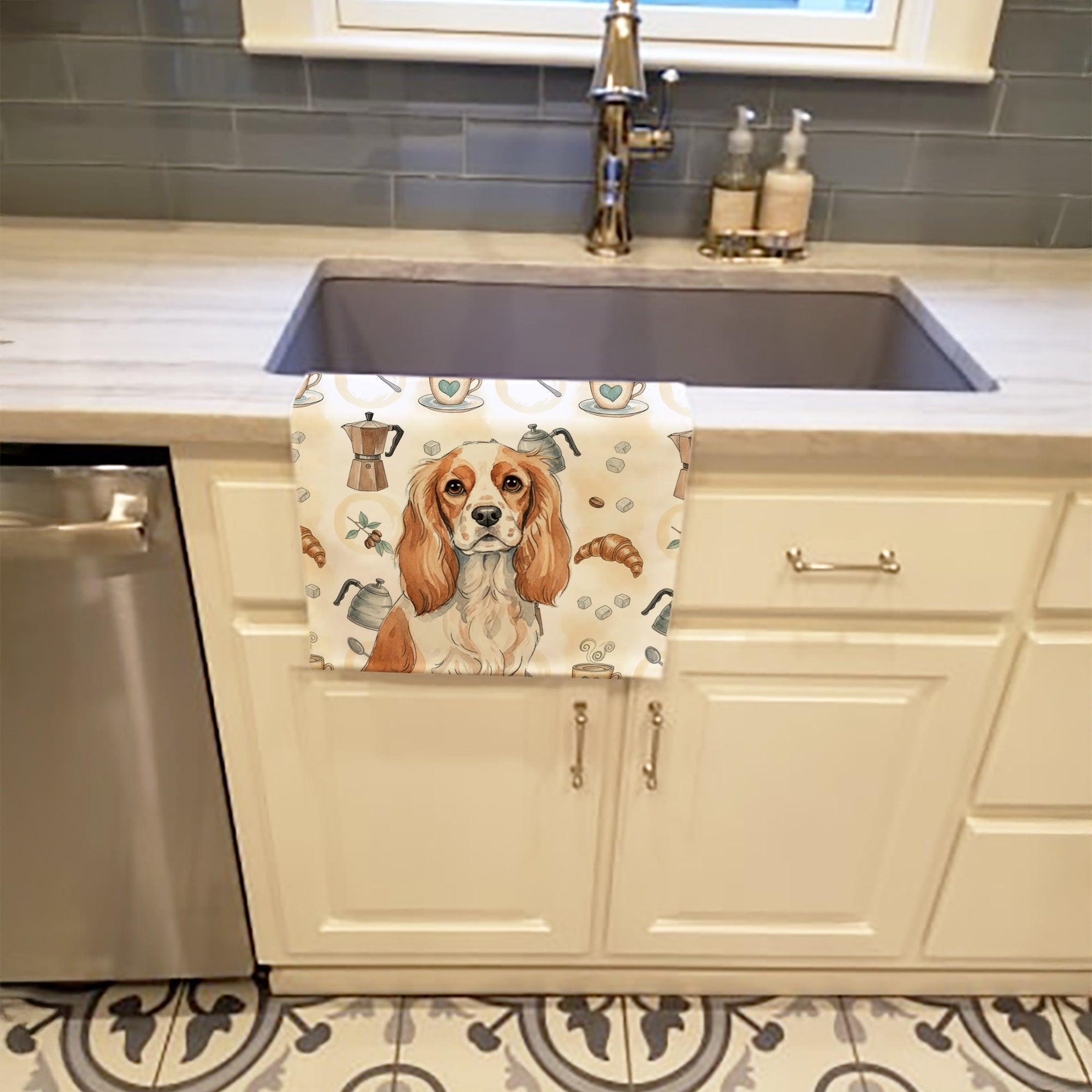 Blenheim Cavalier Spaniel Coffee Bar Kitchen Towel Velour Plush Front and Cotton Loop Back Machine Washable