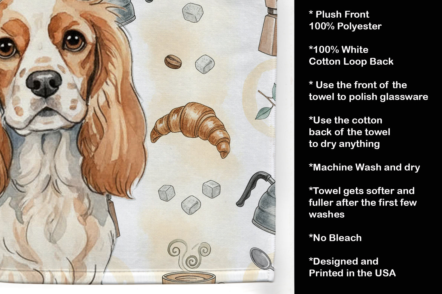 Blenheim Cavalier Spaniel Coffee Bar Kitchen Towel Velour Plush Front and Cotton Loop Back Machine Washable