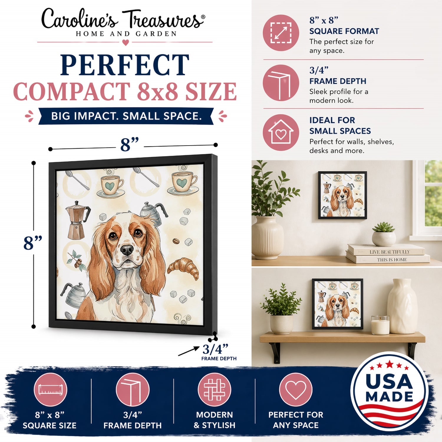 Blenheim Cavalier Spaniel Coffee Bar Framed Metal Print Bathroom, Kitchen, Office, Home Decor Wall Art Ready to Hang, Square, 8X8