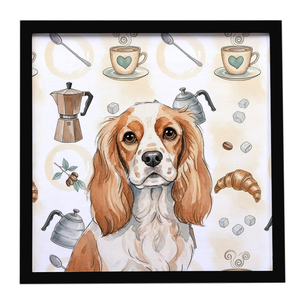 Blenheim Cavalier Spaniel Coffee Bar Framed Metal Print Bathroom, Kitchen, Office, Home Decor Wall Art Ready to Hang, Square, 8X8