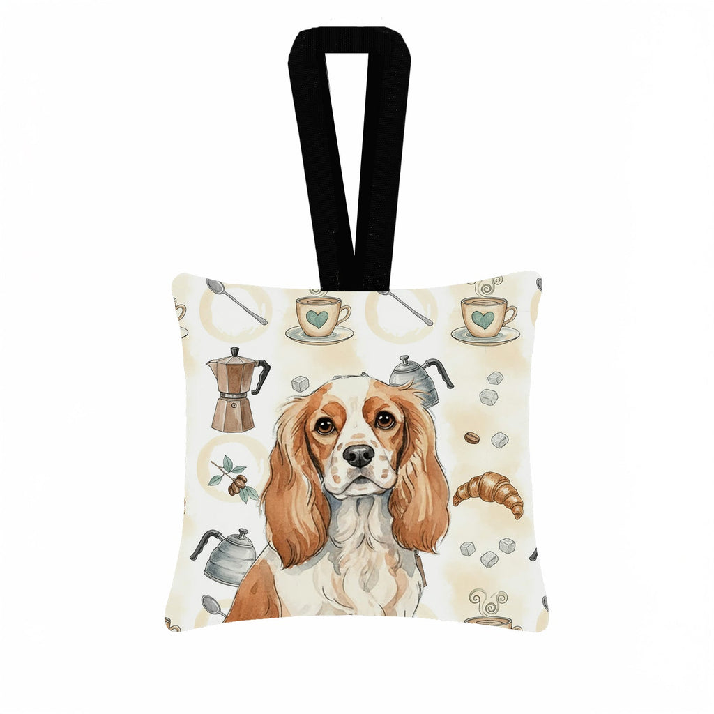 Blenheim Cavalier Spaniel Coffee Bar Hanging Square Fabric Ornament 3.5 � 3.5 Decorative Door-Knob & Tree Hanger, Soft Fabric