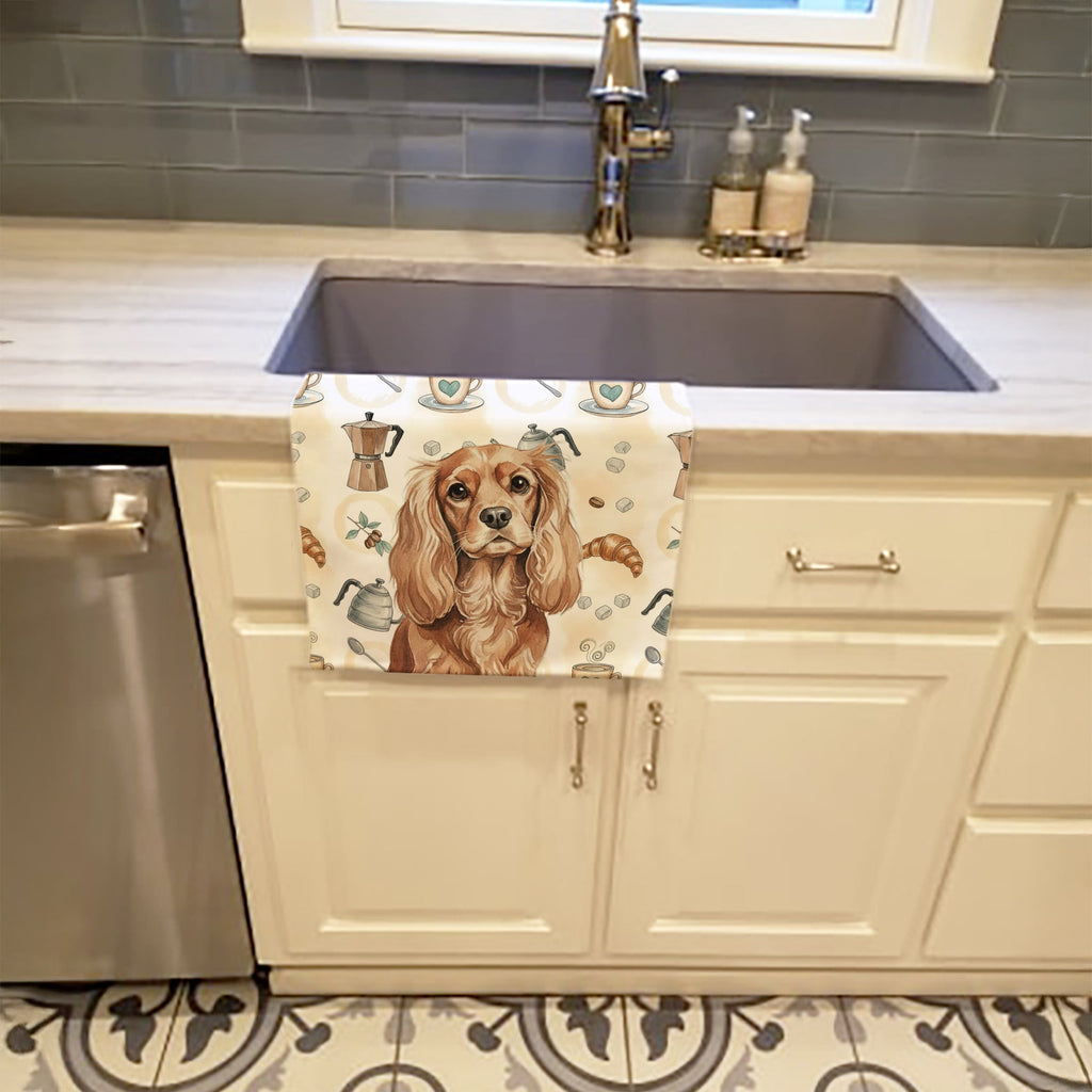 Ruby Cavalier Spaniel Coffee Bar Kitchen Towel Velour Plush Front and Cotton Loop Back Machine Washable