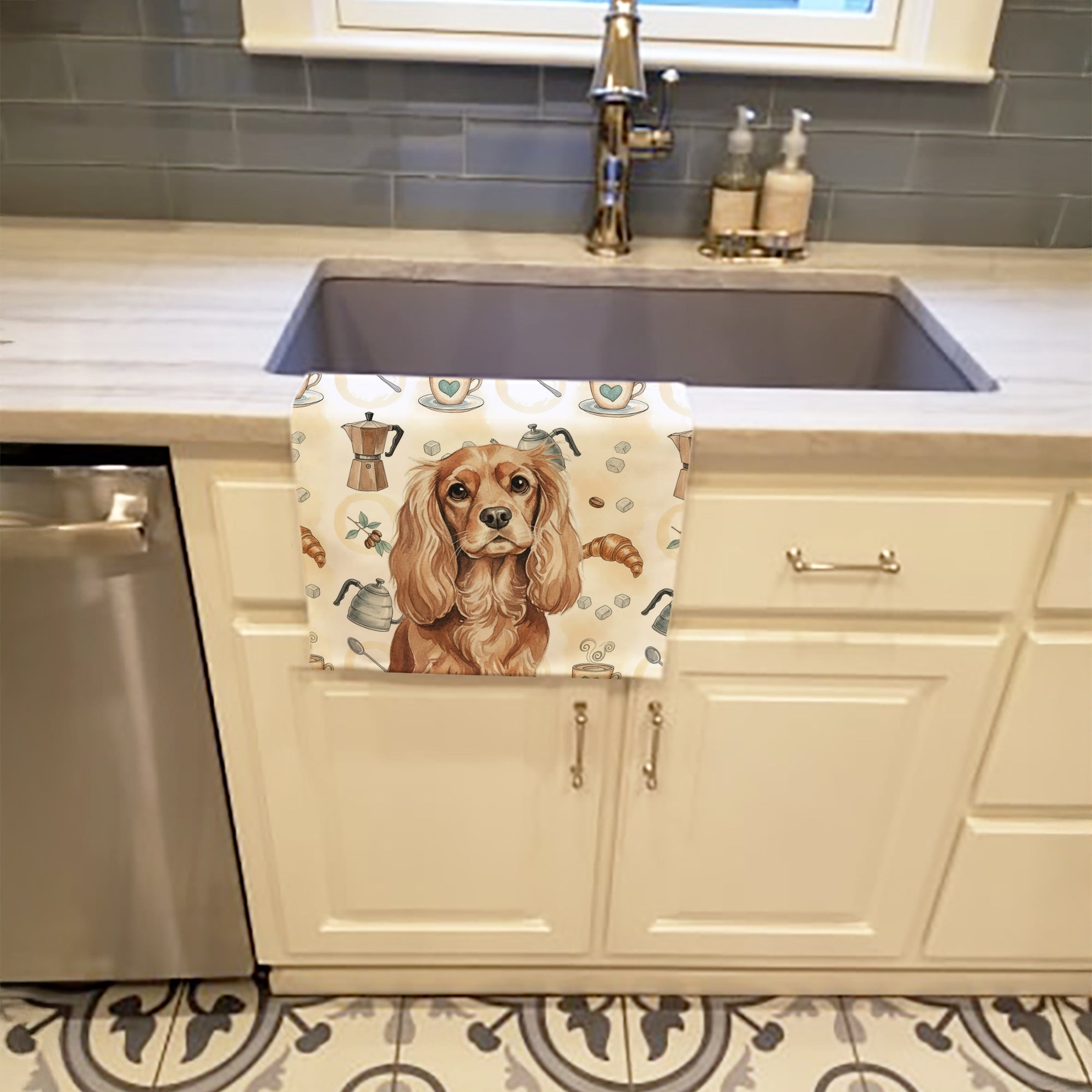 Ruby Cavalier Spaniel Coffee Bar Kitchen Towel Velour Plush Front and Cotton Loop Back Machine Washable