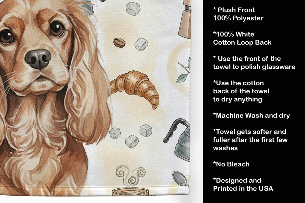 Ruby Cavalier Spaniel Coffee Bar Kitchen Towel Velour Plush Front and Cotton Loop Back Machine Washable