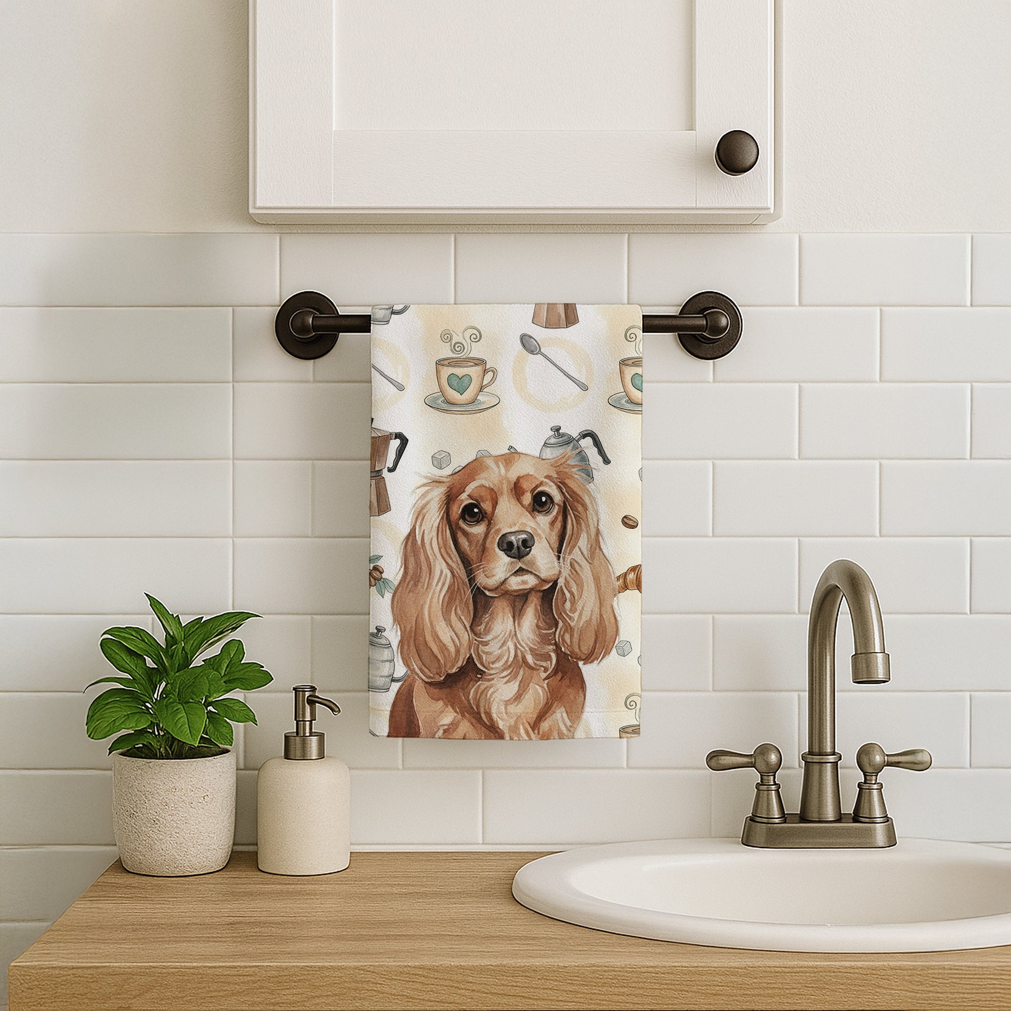 Ruby Cavalier Spaniel Coffee Bar Kitchen Towel Velour Plush Front and Cotton Loop Back Machine Washable