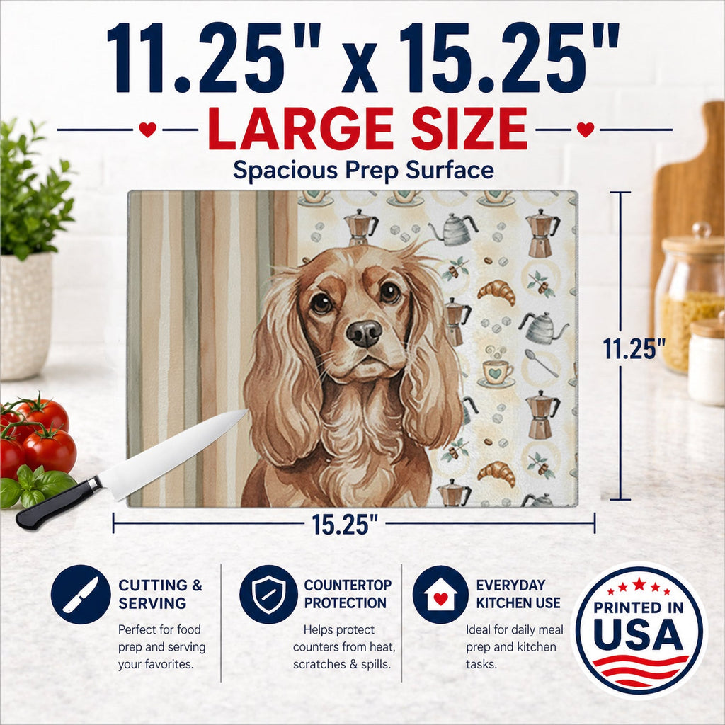 Ruby Cavalier Spaniel Coffee Bar Cutting Board Tempered Glass Kitchen Cutting Surface, Heat Resistant Chopping, Non-Slip Feet, Food Prep & Serving