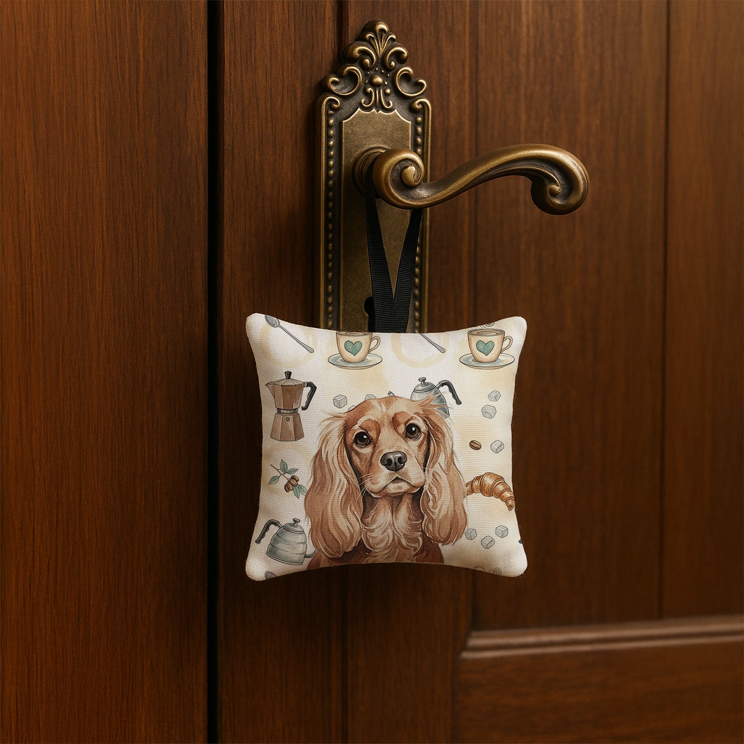 Ruby Cavalier Spaniel Coffee Bar Hanging Square Fabric Ornament 3.5 � 3.5 Decorative Door-Knob & Tree Hanger, Soft Fabric