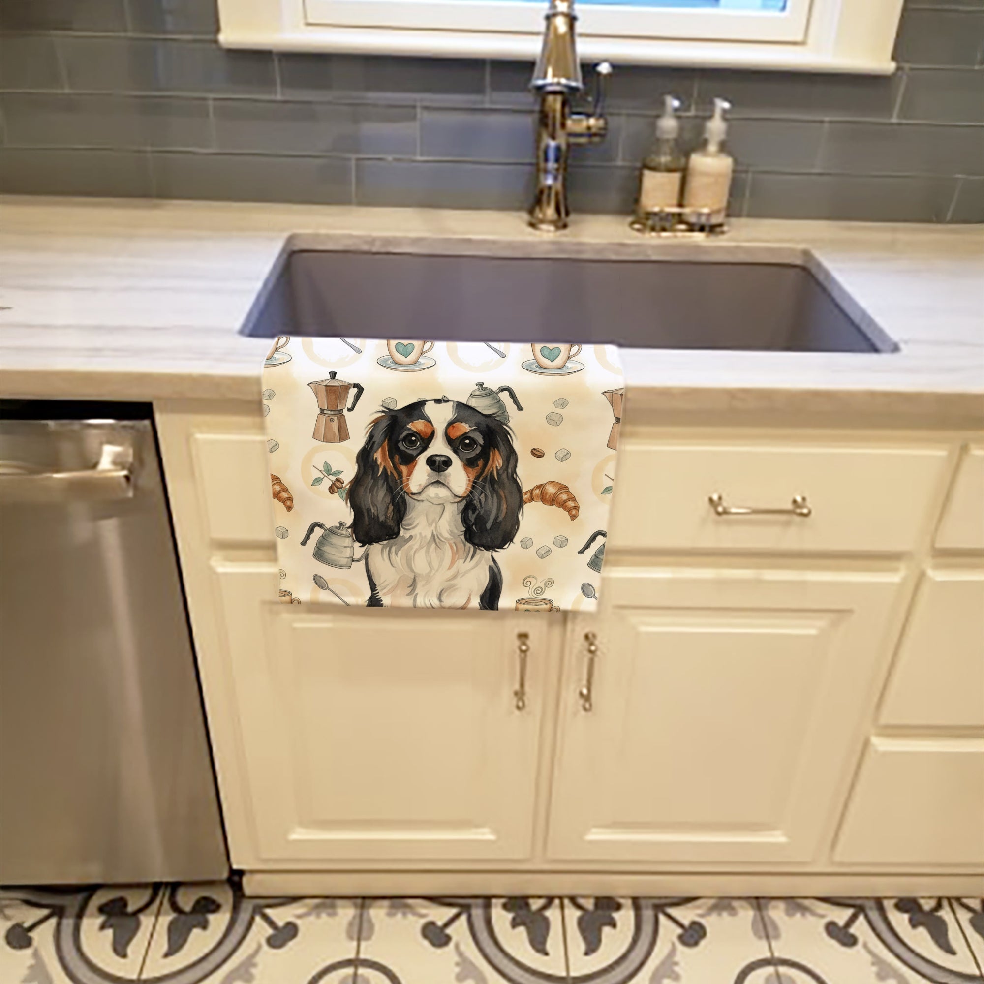 Tricolor Cavalier Spaniel Coffee Bar Kitchen Towel Velour Plush Front and Cotton Loop Back Machine Washable