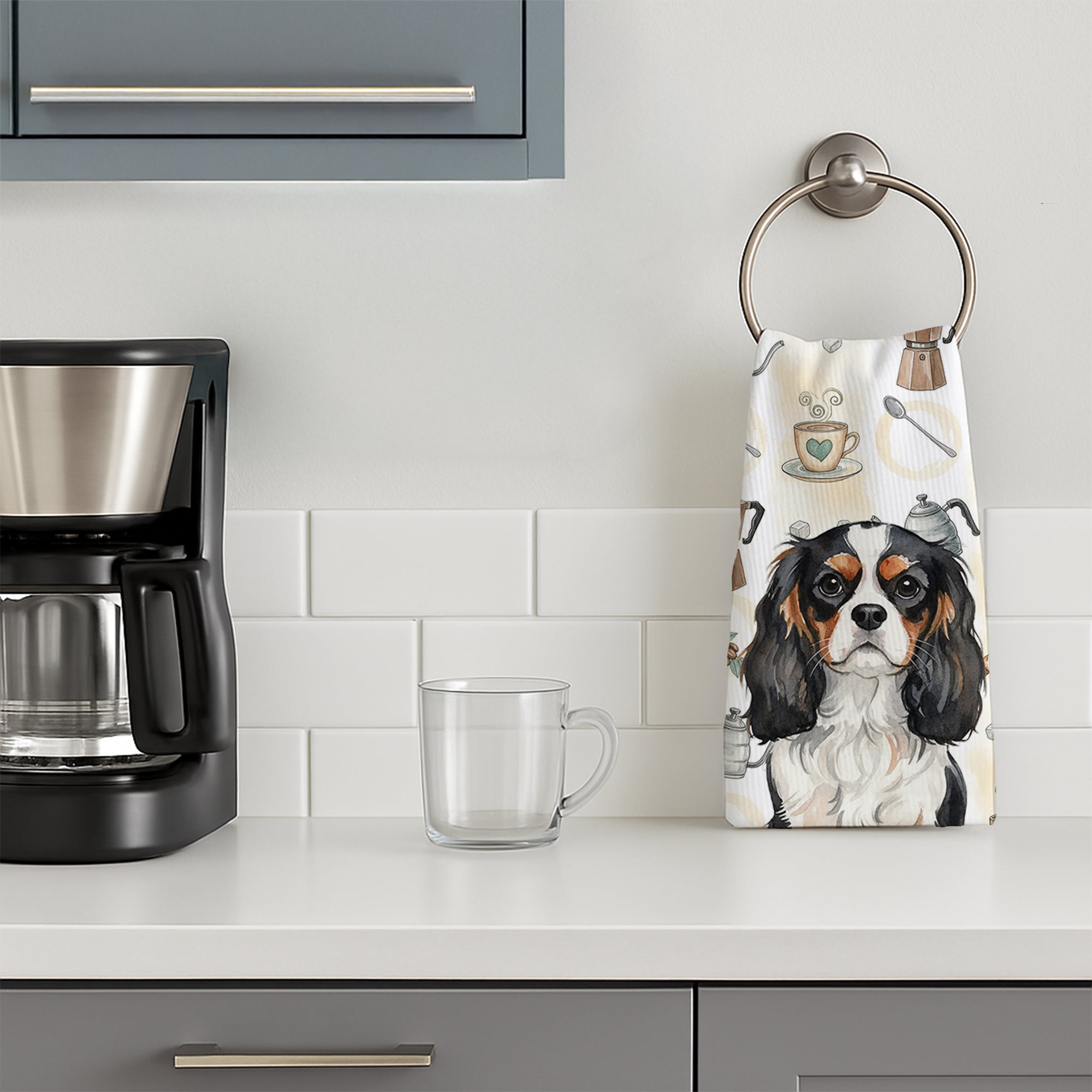 Tricolor Cavalier Spaniel Coffee Bar Kitchen Towel Velour Plush Front and Cotton Loop Back Machine Washable